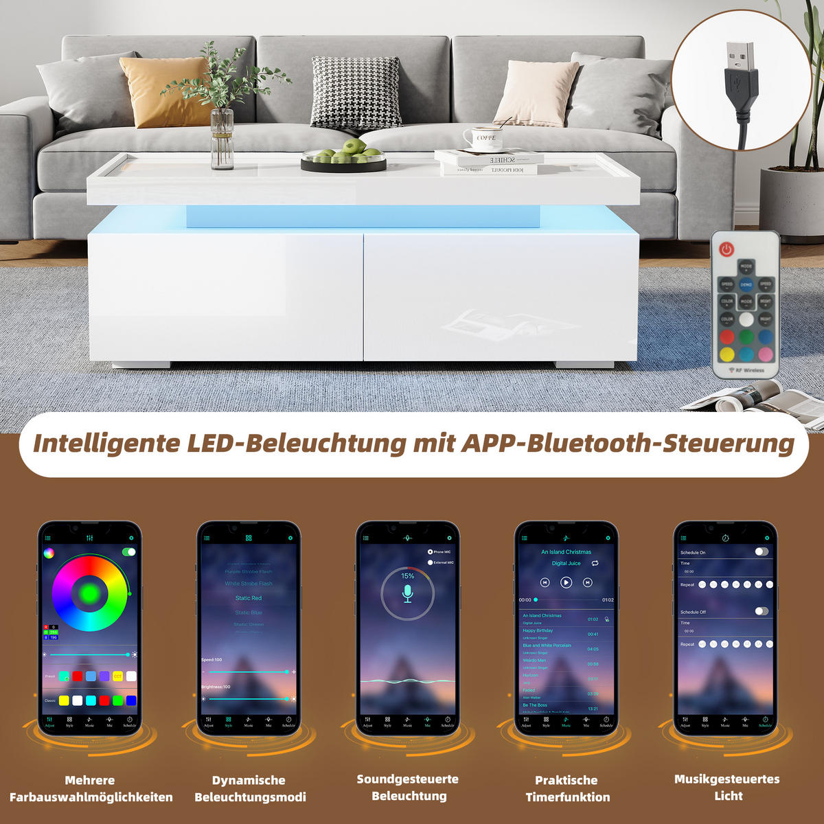 COUCHTISCH 95/45/35 cm weiß aus Spanplatte mit LED und 2 Schubladen - Weiß, Holzwerkstoff (95/45/35cm) - OKWISH