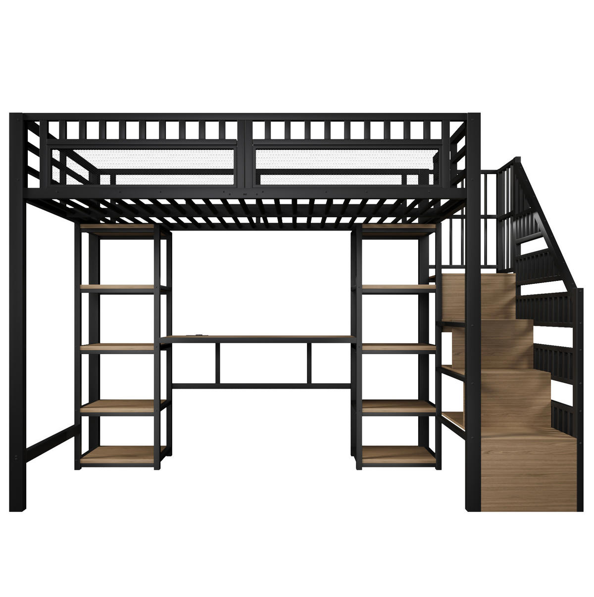 VISOKA postelja 140/200 cm črna iz kovine in MDF z mizo LED-osvetlitvijo USB-priključkom in lestvijo s shranjevanjem - črna, kovina (140/200cm) - OKWISH