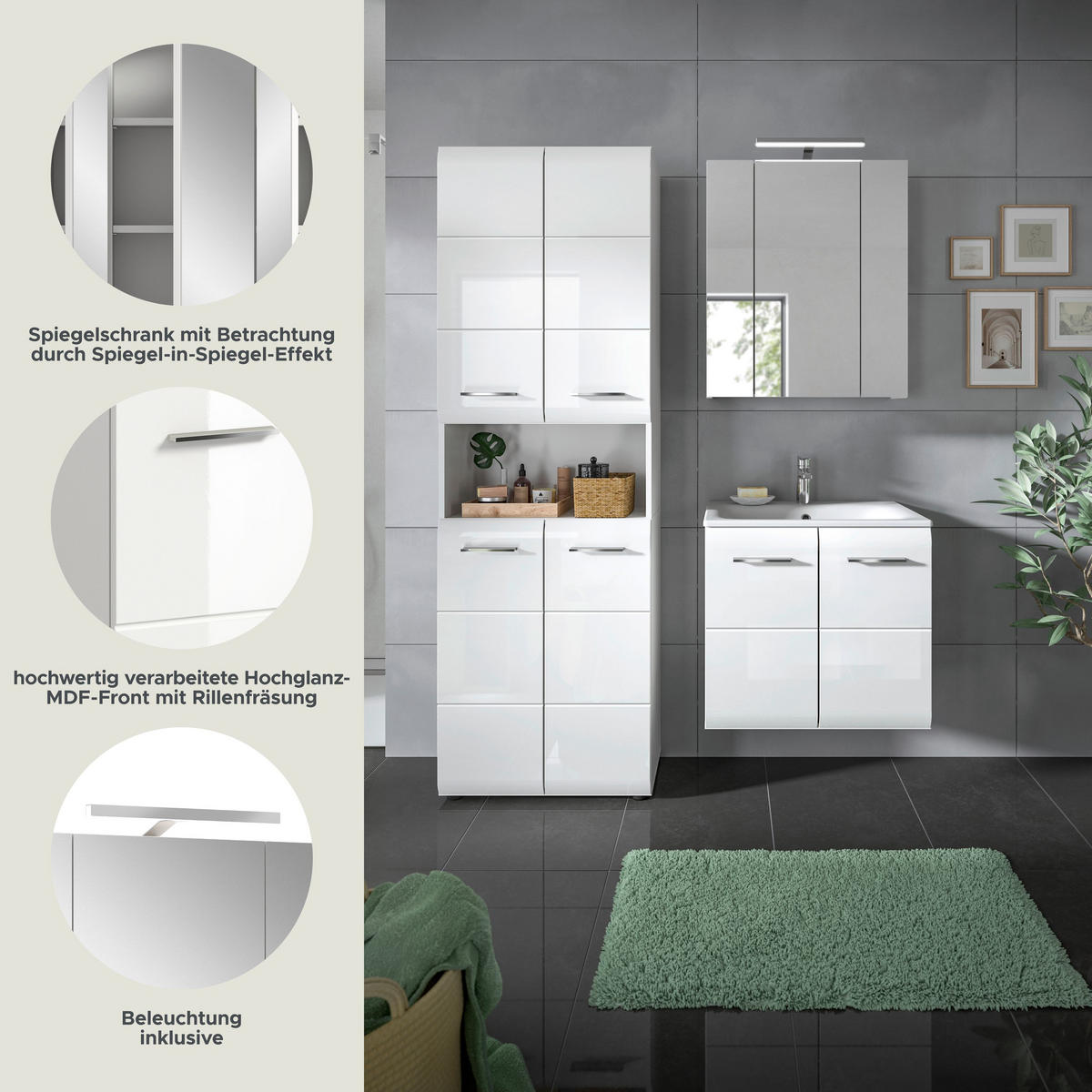 BADKOMBINATION Ice inkl. Beleuchtung 135x185x46 cm weiß Hochglanz MDF 3tlg. - Weiß, Holz (135/185/46cm)