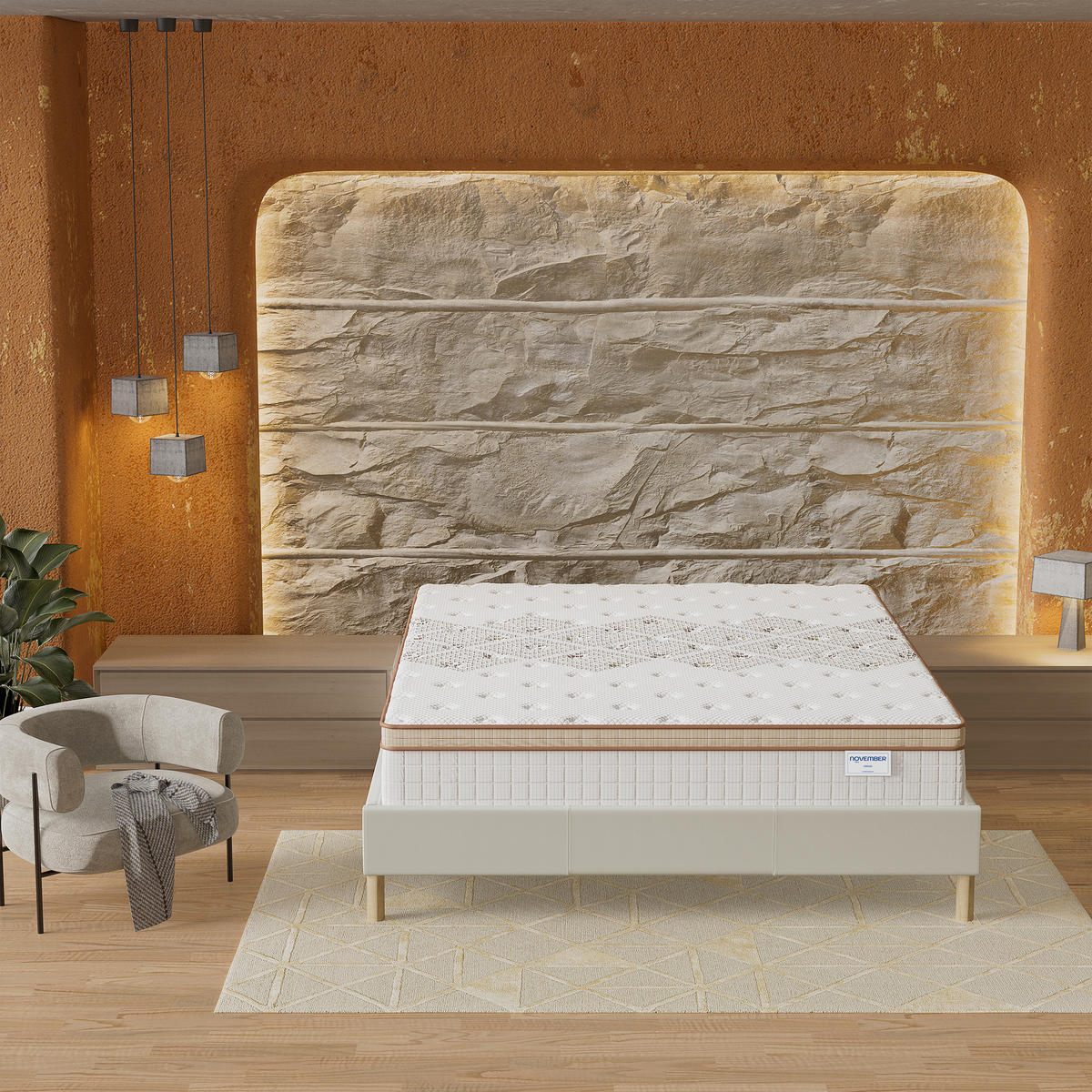 BETT und MATRATZE - 160 x 200 cm - Taschenfederkern - 28cm dick - Weiß, Naturmaterialien/Eichenholz (160/200cm) - November Sleep