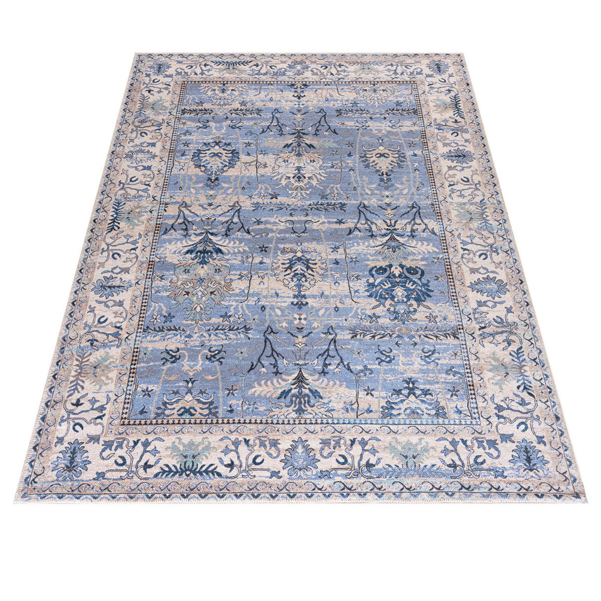 TEPPICH Blau Boho Rahmen, Pflanzlich - Rechteckig Orientalisch - 140 x 200 cm - Blau/Beige, Textil (140/200cm) - Mazovia