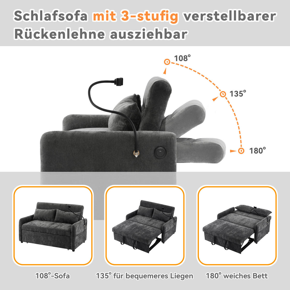 SCHLAFSOFA, Chenille mit USB-Anschluss & 3-fach verstellbarer Rückenlehne, 129/163/81 cm, Grau - Grau, Textil (129/81/163cm) - Redom
