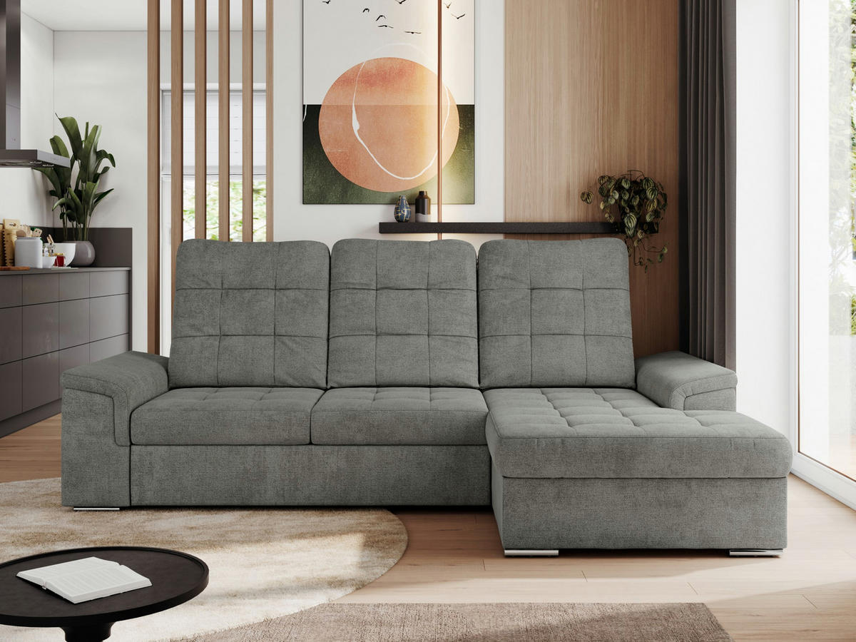 ECKSOFA MADRITO L - Grau Struktur - Rechts - Silberfarben/Grau, Textil/Metall (256/160cm)