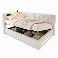 POLSTERBETT 90/200 mit Bettkasten, LED und USB-Type-C-Anschluss in Beige - Beige, Holzwerkstoff/Textil (90/200cm) - EVRYAE