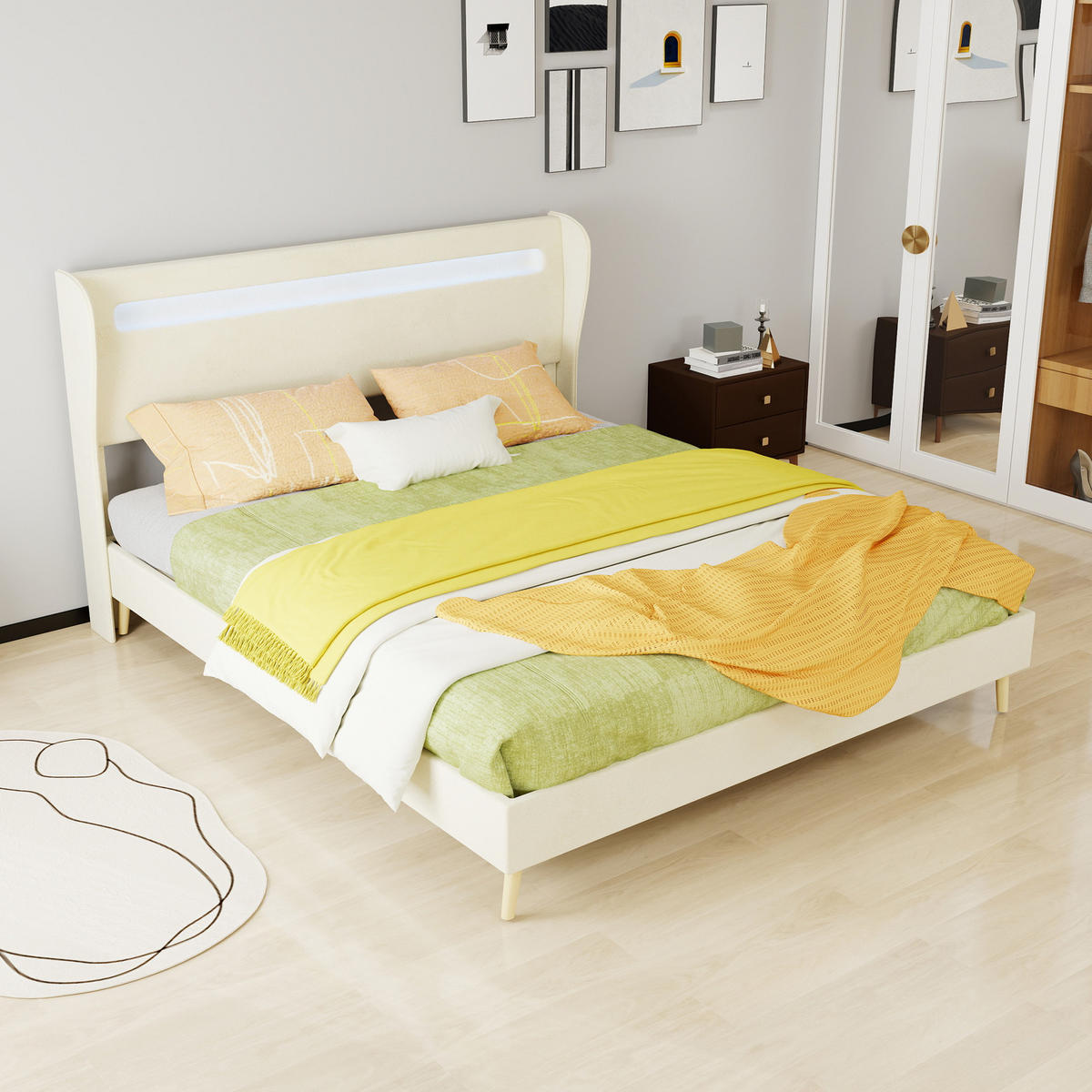POLSTERBETT 160/200 cm in Beige mit LED und verstellbarem Kopfteil Stoff - Beige/Naturfarben, Holzwerkstoff/Textil (160/200cm) - STILVORA