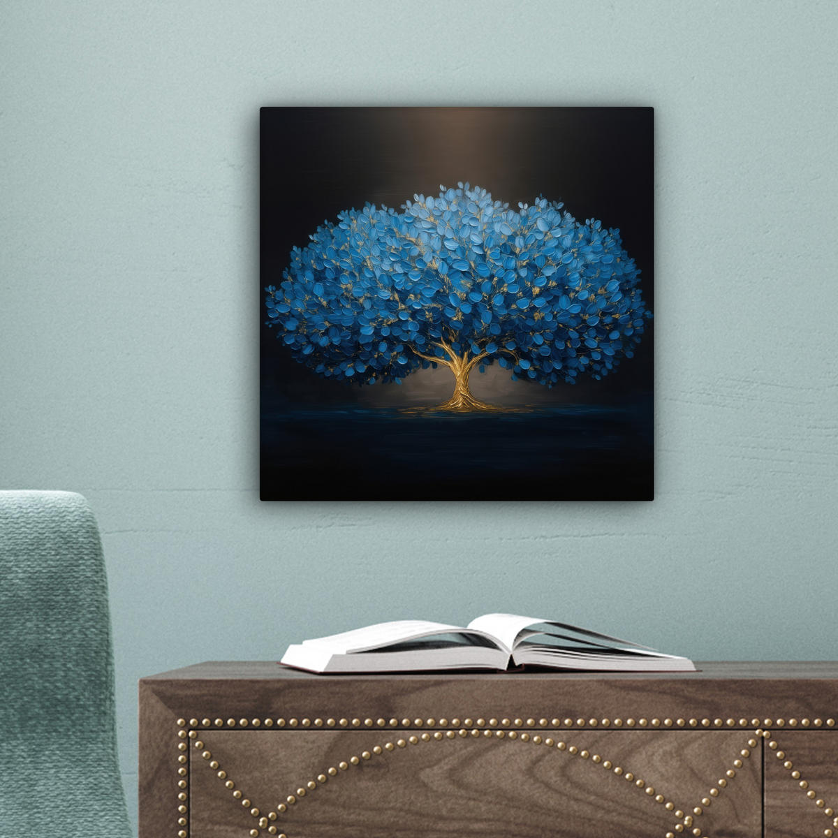 LEINWANDBILD Baum - Blau - Blätter - Pinselstriche Deko Wohnzimmer 20x20 cm - Blau, Textil (20/20cm) - MuchoWow