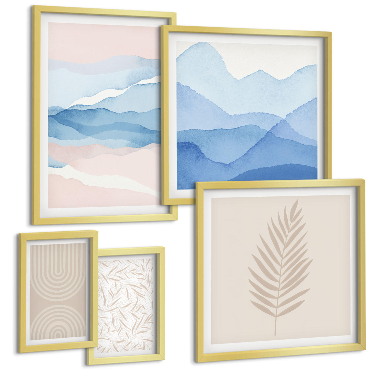 BILDER SET 5er Set - 50x50 cm & 20x30 cm & 40x60 cm Goldrahmen - Blätterwellen beige blau - Goldfarben, Kunststoff (40/60cm) - TULUP