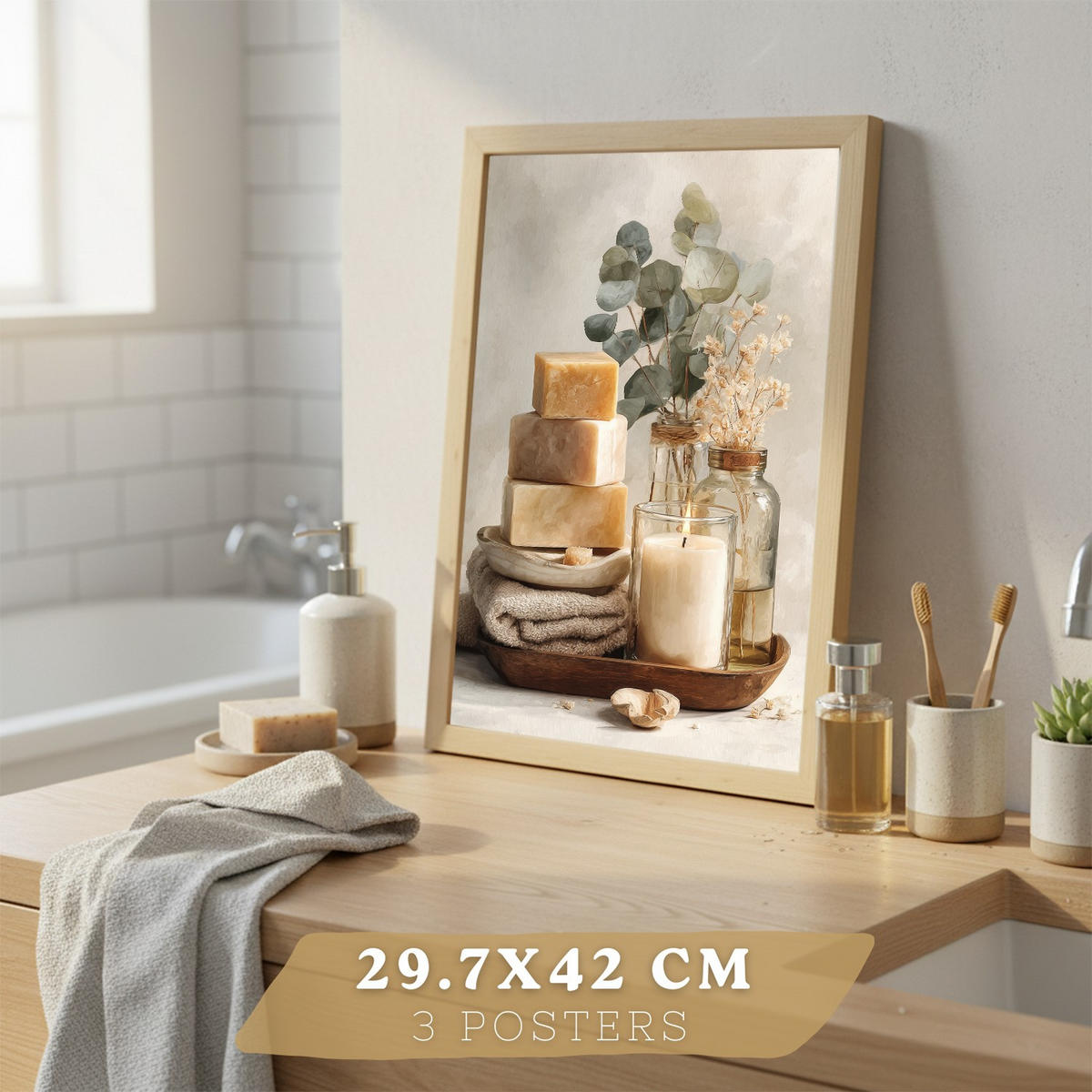 POSTER Set aus 3 Badezimmer Wandbildern und Drucke zur Dekoration für Waschbecken Dusche WC mit Kerzen Seifen und Handtüchern Leichter Holzrahmen A3 - Beige, Papier (42/29.7/3cm) - Nacnic