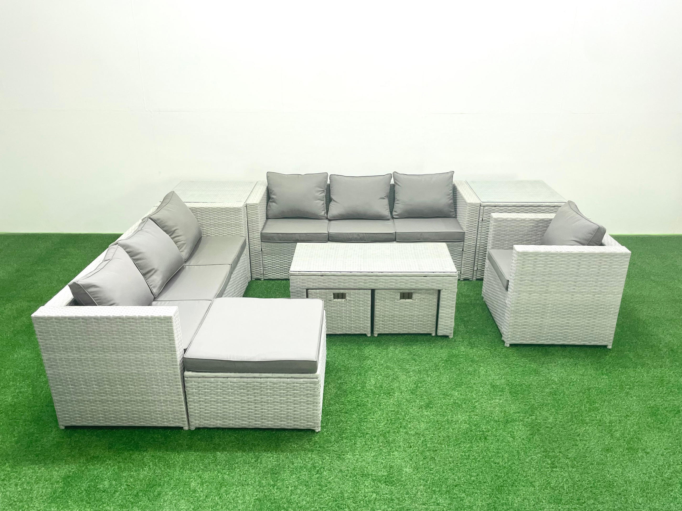 GARTENSOFA hohe Rückenlehne Polyrattan Hellgrau-Mix 10-Sitzer - Hellgrau/Grau, Glas/Kunststoff - Fimous