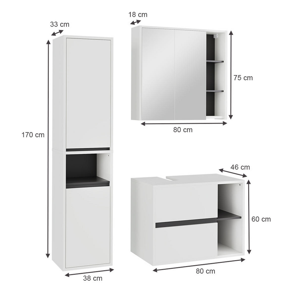 SADA KOUPELNOVÉHO NÁBYTKU Viola Bílá/šedá - bílá/šedá, kompozitní dřevo (80/60/46cm) - Vicco