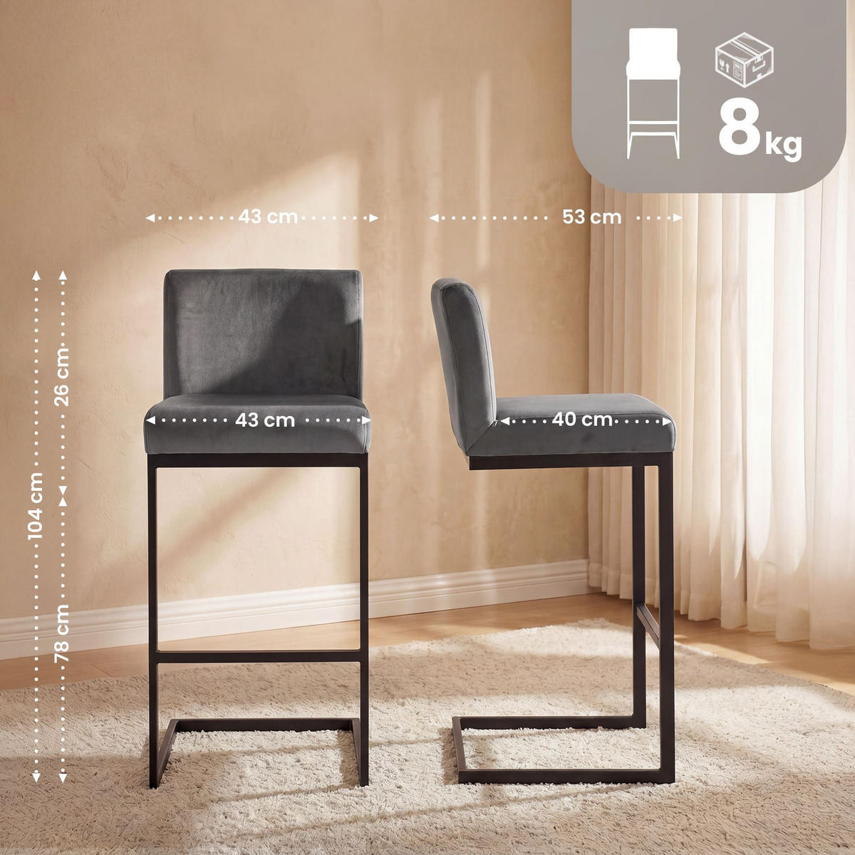 BARHOCKER Samt Dunkelgrau - Dunkelgrau/Schwarz, Textil/Metall (43/104/53cm) - CLP