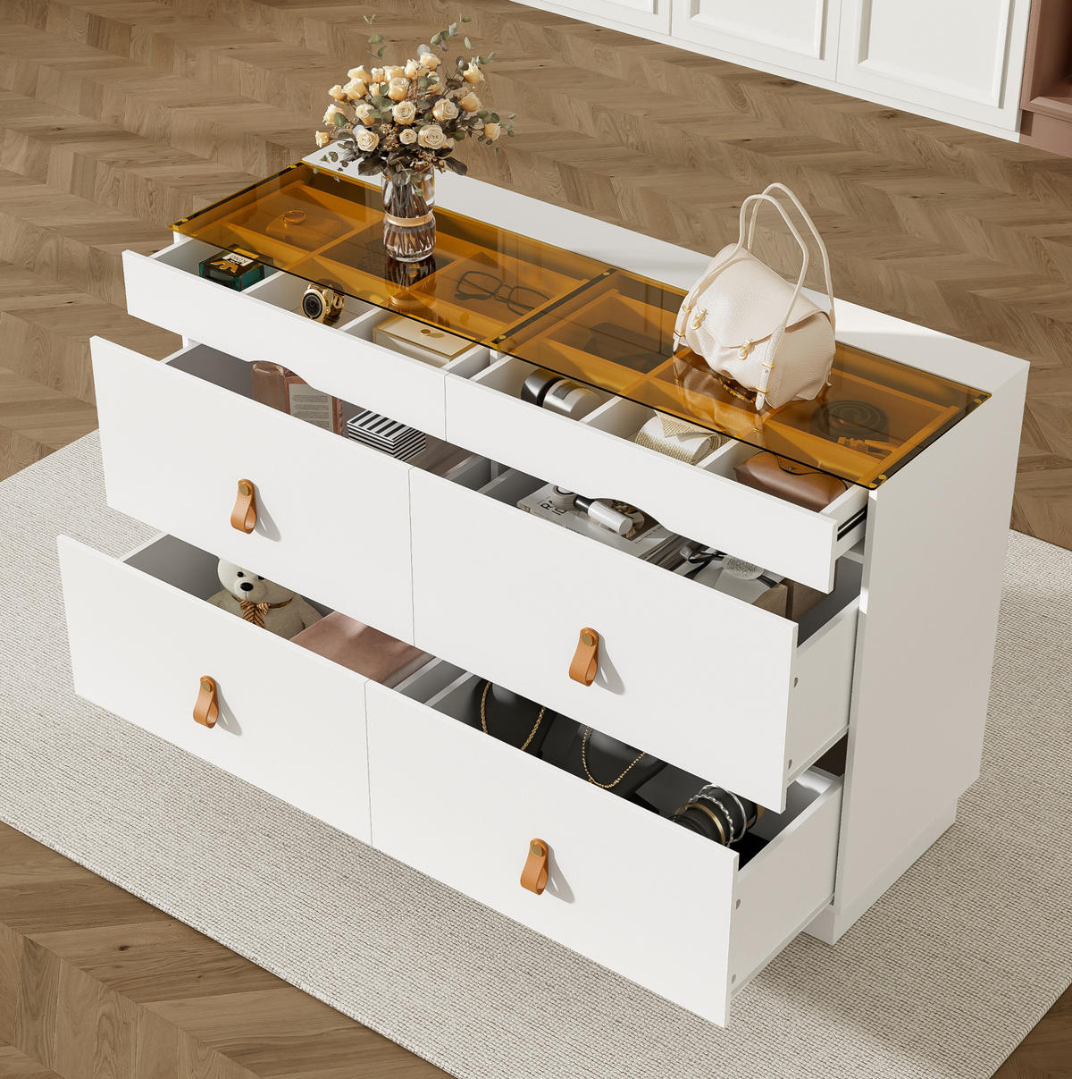 SIDEBOARD se skleněnou deskou, 120/40/78 cm, bílá, 6 zásuvek - bílá, kompozitní dřevo (120/78/40cm) - Modenvie