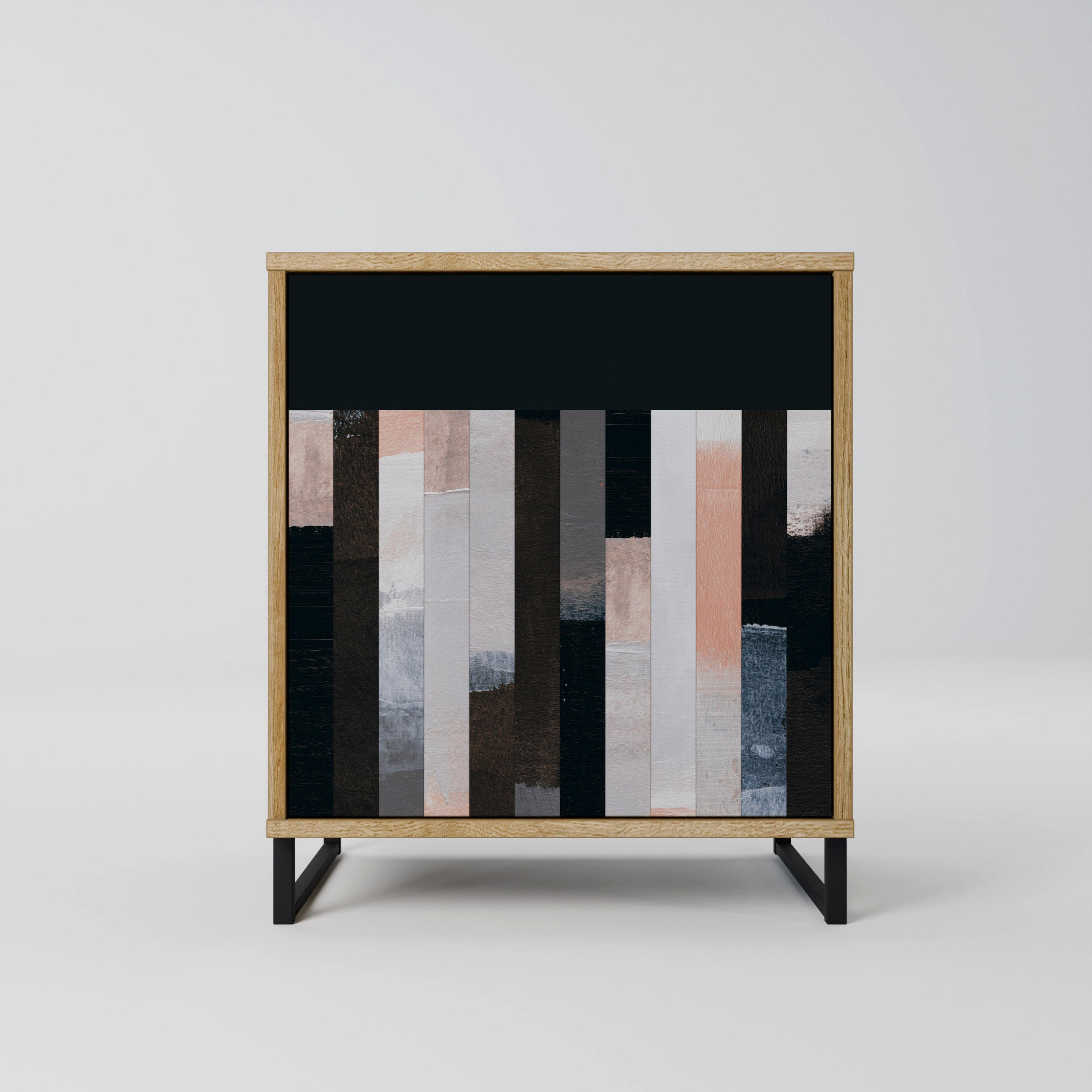 SIDEBOARD COLLAGE OF RECTANGLES, Eichefarben, 57,5x42x67,5 cm, Schwarze Metall-Rahmenfüße - Eichefarben/Multicolor, Holzwerkstoff/Metall (57.5/67.5/42cm) - SpaceRebels