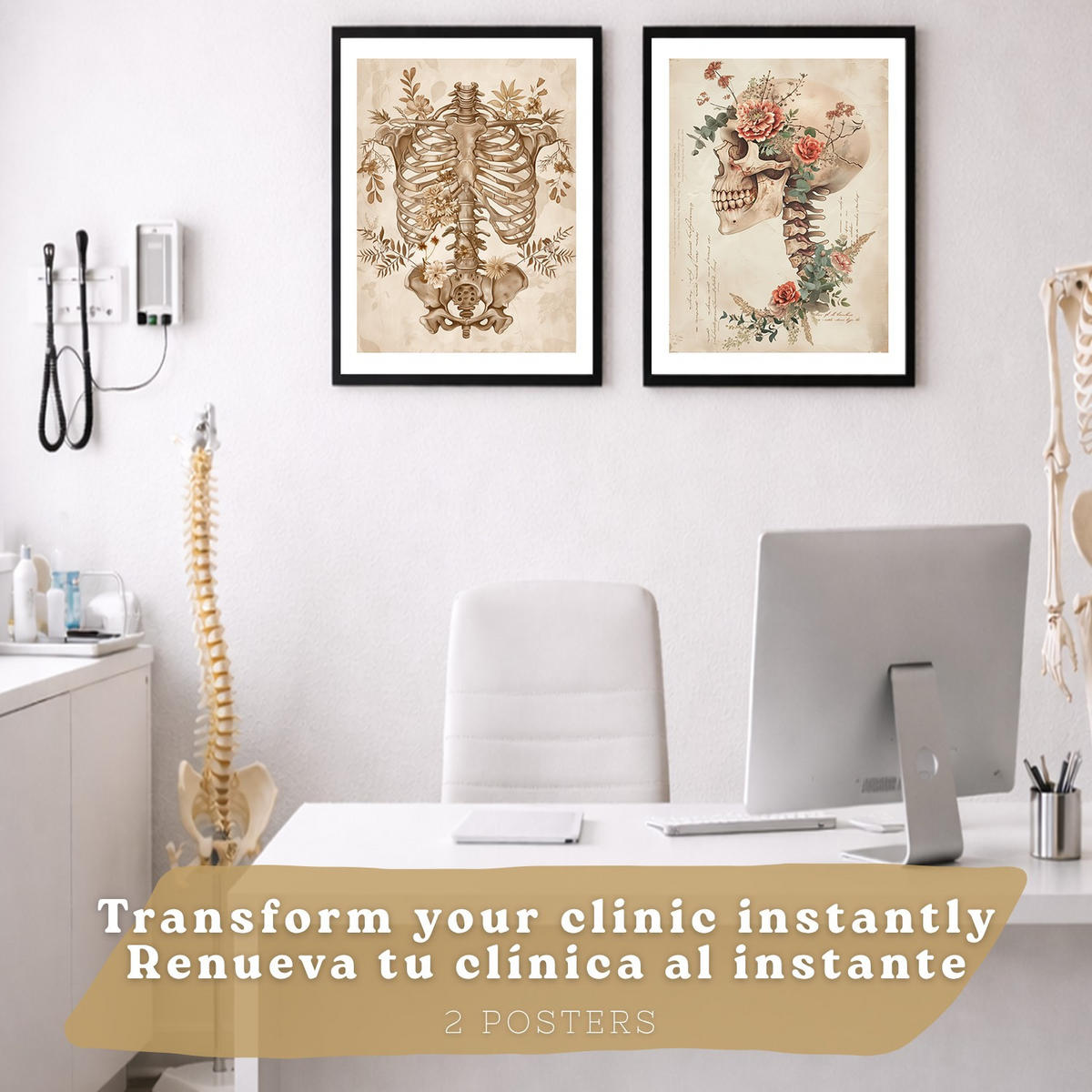 POSTER Set aus 2 Anatomie Mensch Drucke und Wandbilder mit Skelett Schädel Wirbelsäule Rippen Becken Klassischer Stil Größe Schwarzer Rahmen A4 - Schwarz, Papier (21/29.7/3cm) - Nacnic