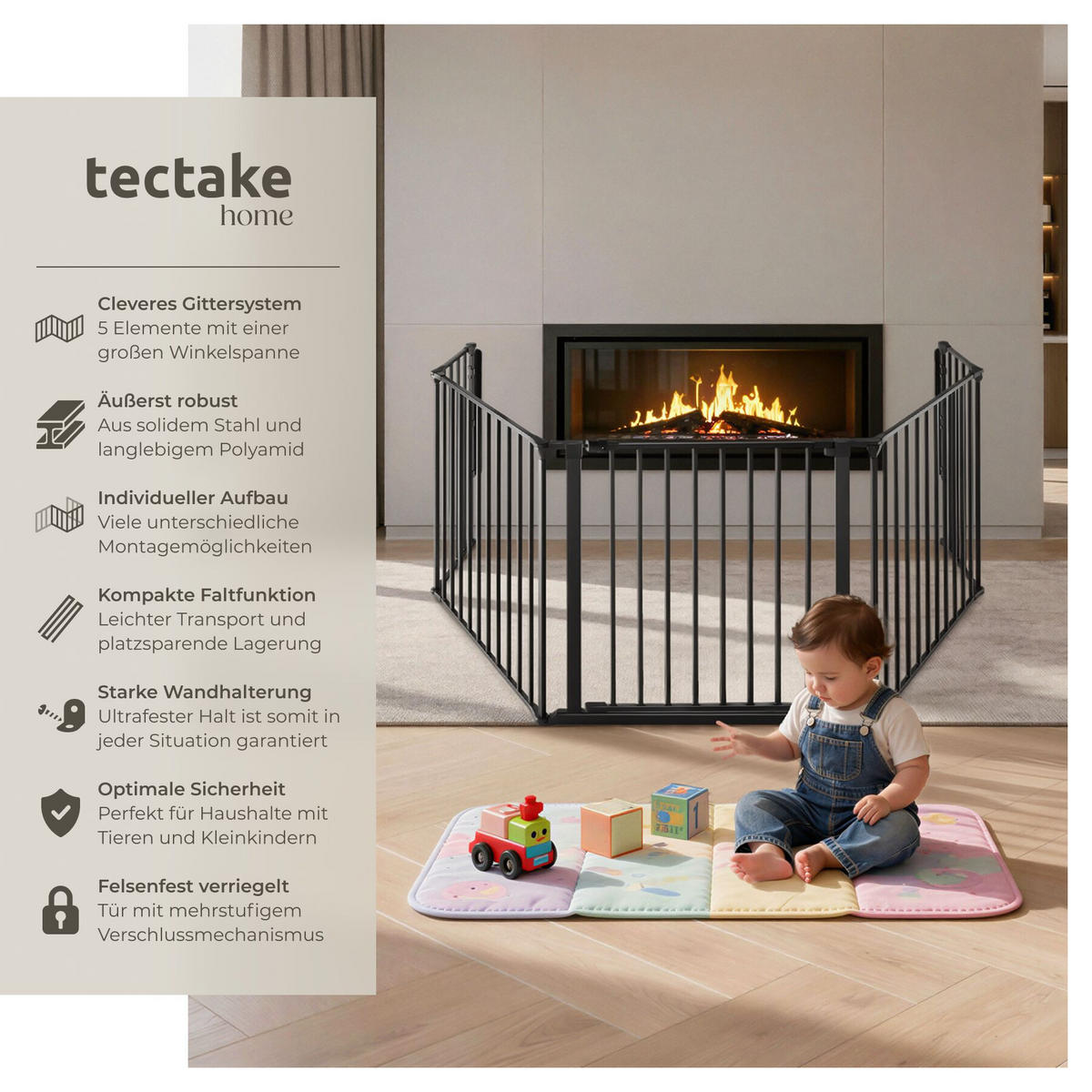 KAMINSCHUTZGITTER Agni, inklusive Wandhalterung, schwarz - Schwarz, Metall (3/71.5/289.3cm) - tectake