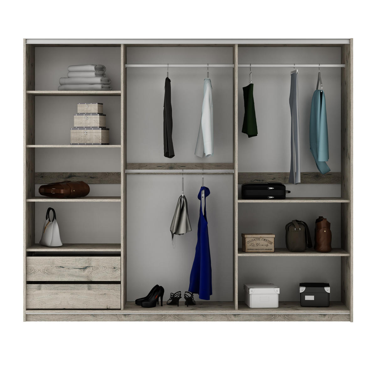 SCHWEBETÜRENSCHRANK RELL 250/215/65 cm 2-türig mit Spiegel Eichefarben - Eichefarben, Holzwerkstoff (250/215/65cm) - MASSENO