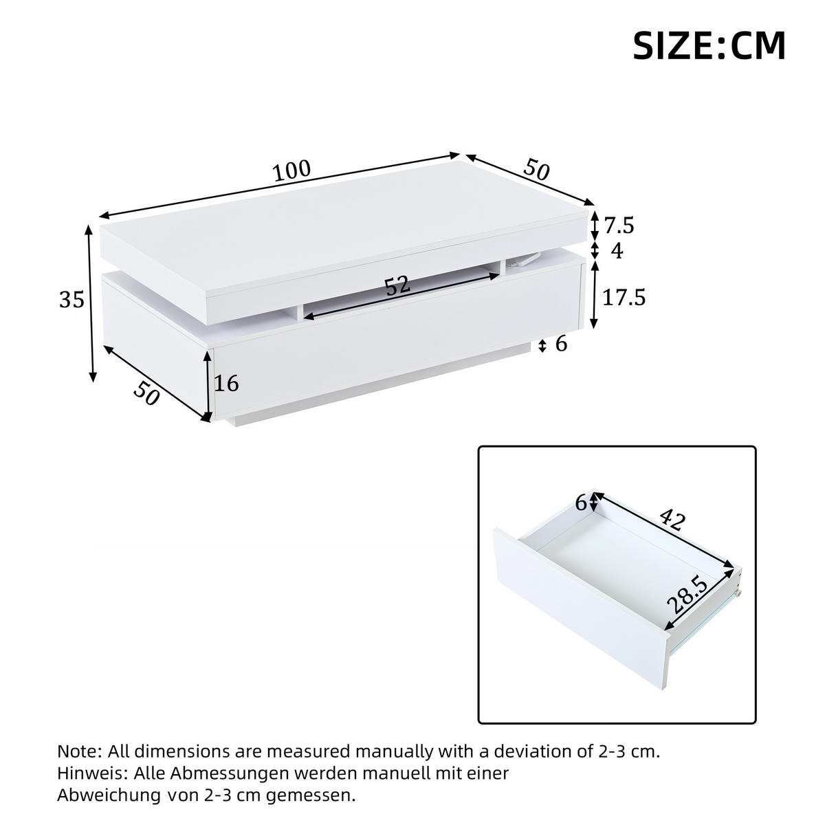 COUCHTISCH 100/50/35 cm weiß aus Spanplatte mit 2 Schubladen und LED-Beleuchtung - Weiß, Holzwerkstoff (100/50/35cm) - OKWISH
