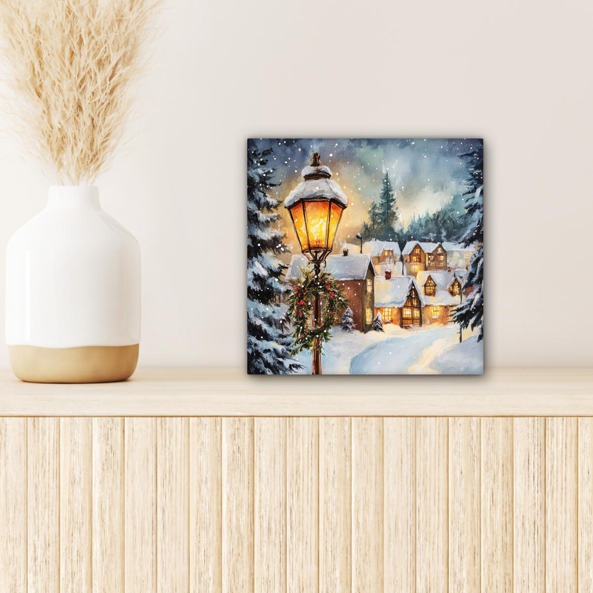 LEINWANDBILD Weihnachtsdorf - Häuser - Schnee - Weihnachten 20x20 cm - Sandfarben, Textil (20/20cm) - MuchoWow