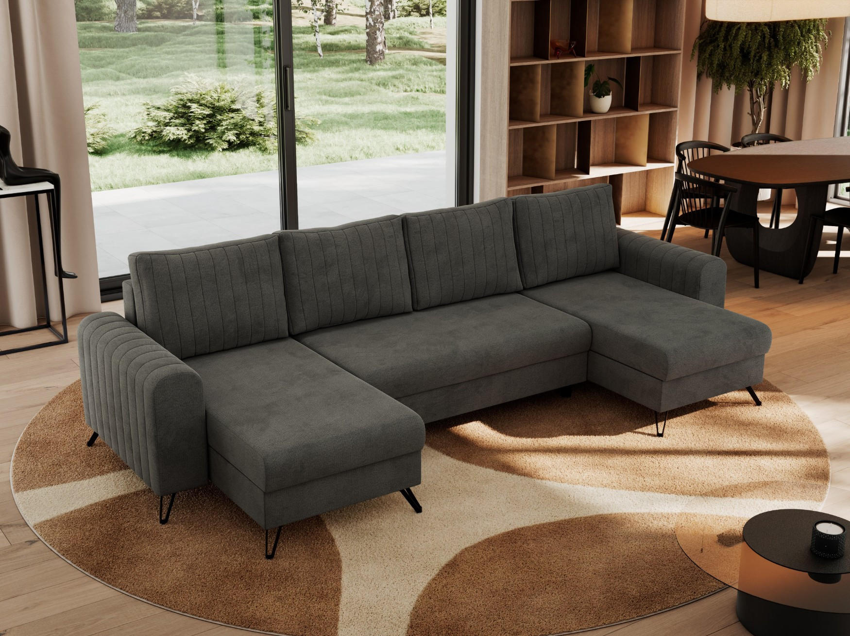 WOHNLANDSCHAFT AXEL U Velvet Dunkelgrau - Schwarz/Grau, Textil/Metall (312/90/140cm) - MKS