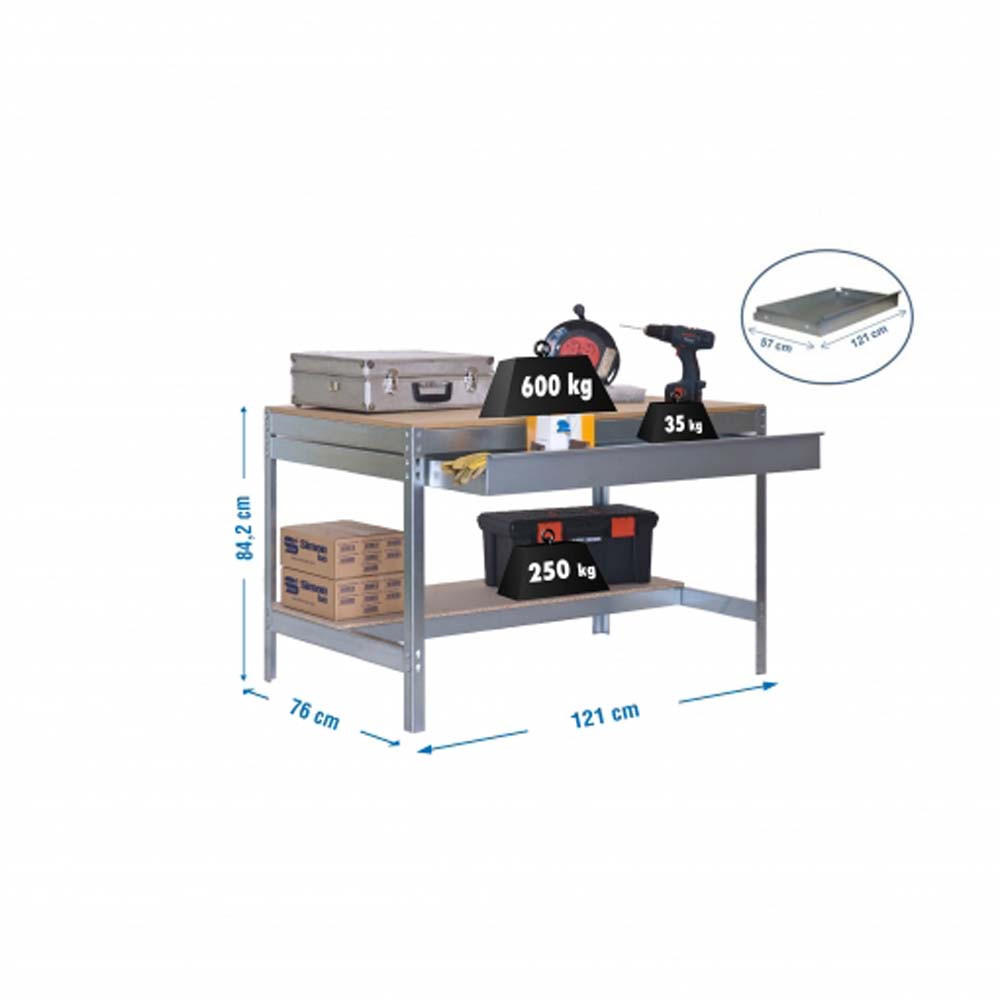 WERKBANK BUFFALO mit Schubfach | HxBxT 84x120x76cm | Traglast 600kg | Verzinkt - Silberfarben, Metall (120/84/76cm) - PROREGAL