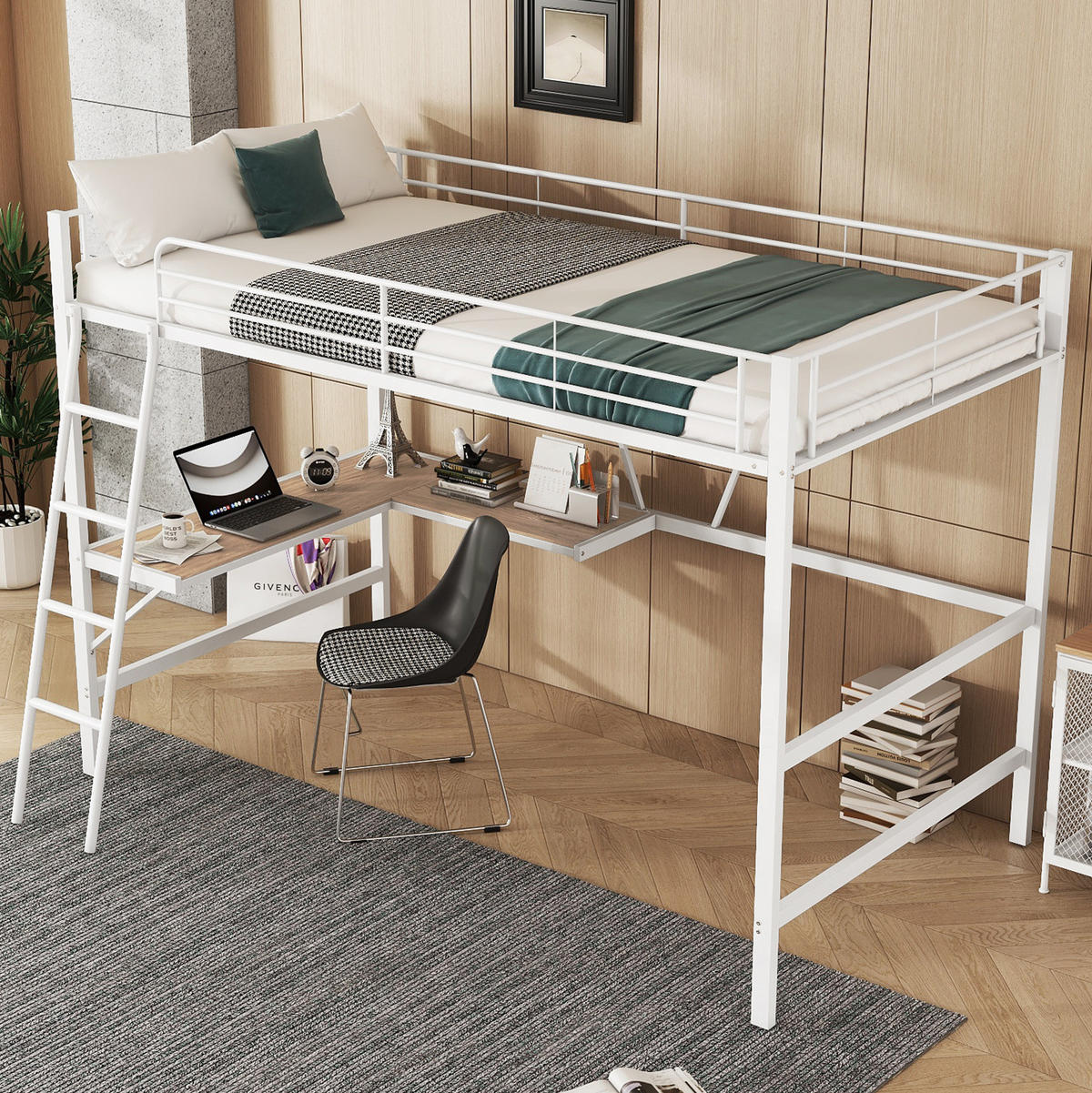 HOCHBETT 90/200 cm Metallbett mit L-förmigem Schreibtisch und Regal mit Matratze - Weiß, Metall (90/200cm) - OKWISH