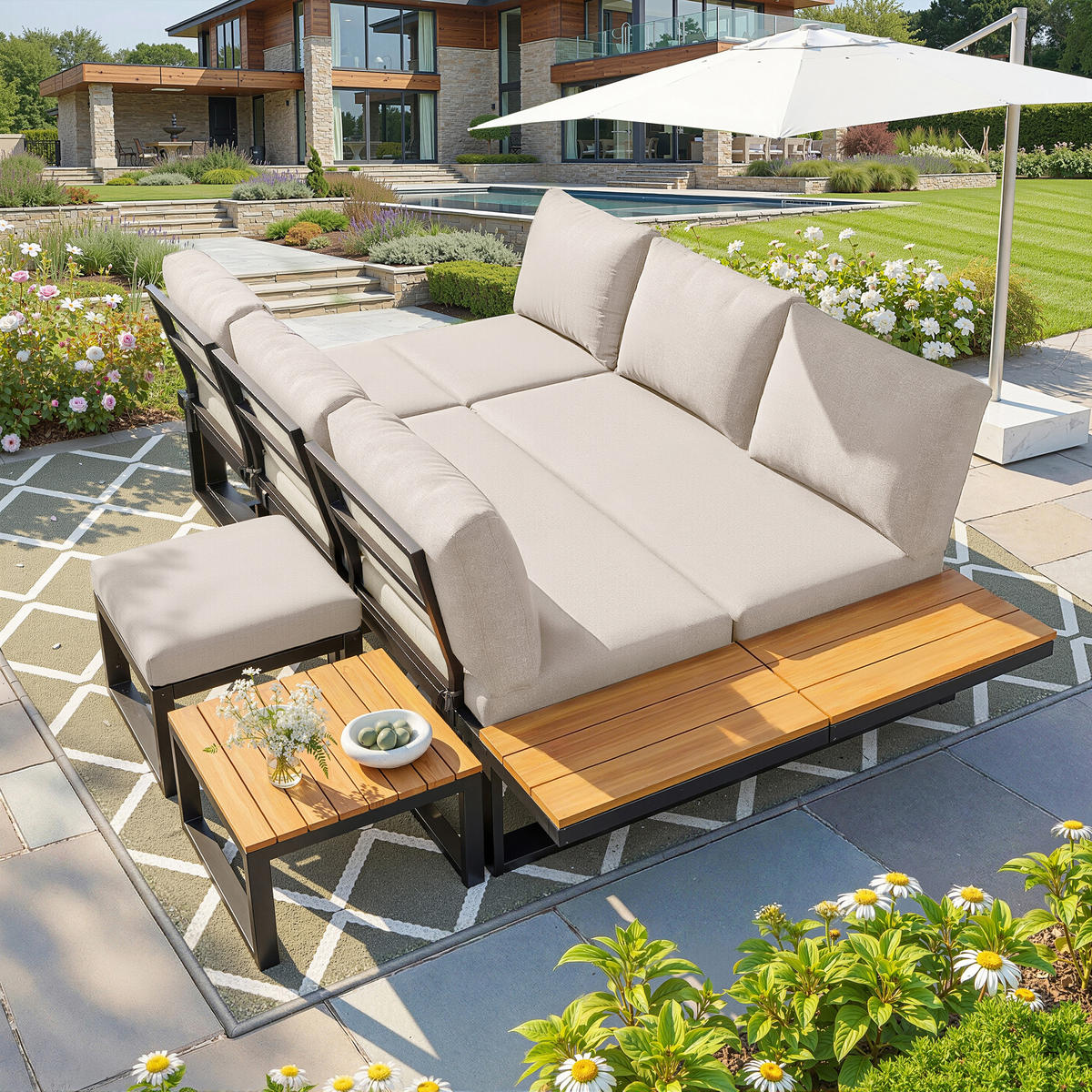 GARTENLOUNGE 6tlg Grau Beige Ecksofa Tisch Hocker verstellbar - Beige, Metall - FLIEKS