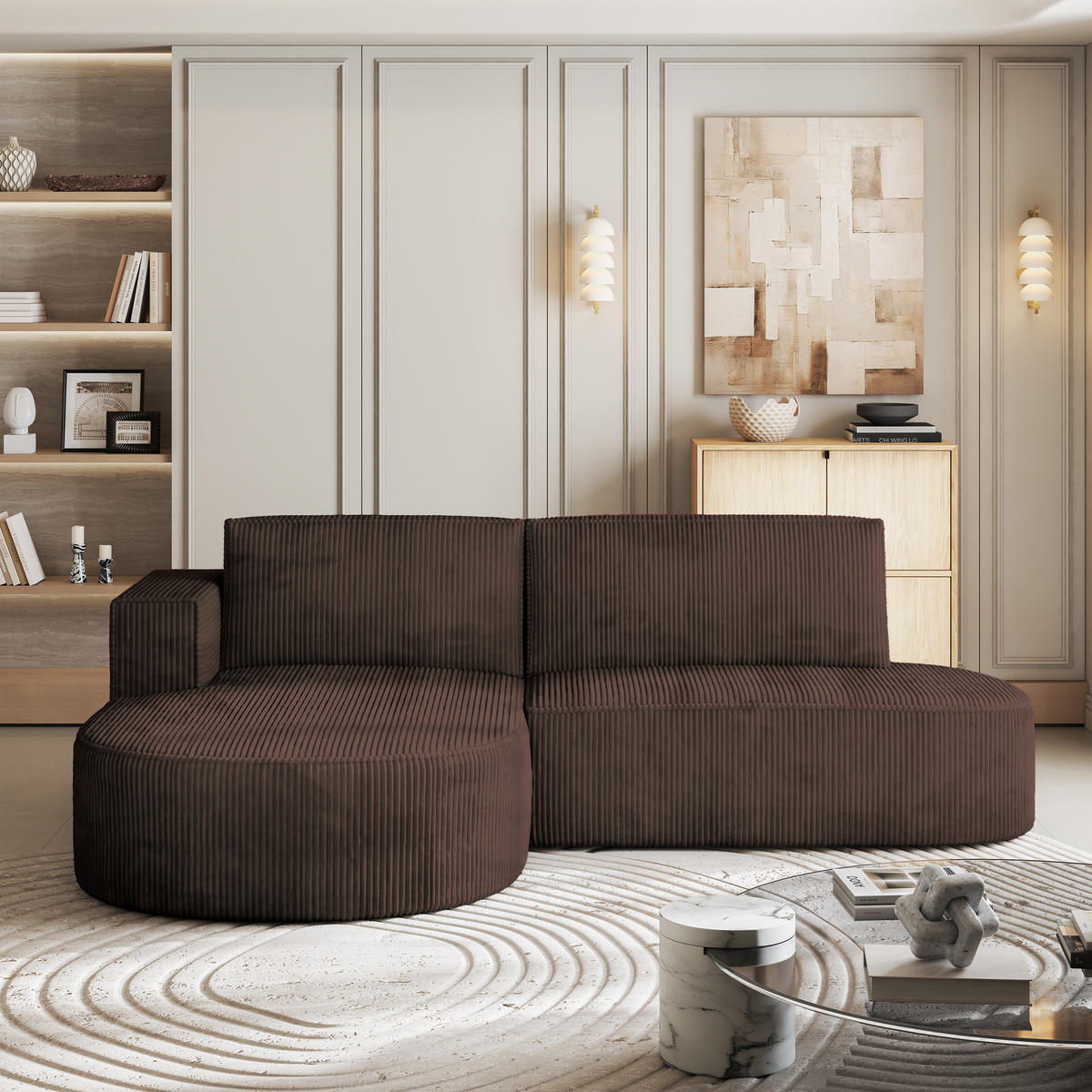 ECKSOFA CORTIO P L-S Braun Kordstoff mit Schlaffunktion - Braun, Holz (265/174cm) - MASSENO