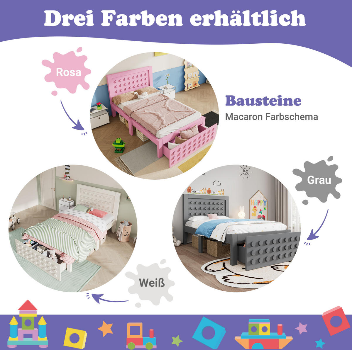 KINDERBETT 90/190 cm aus Holz mit Schublade, Lattenrost und Stauraum, Rosa - Rosa, Holzwerkstoff (90/190cm) - Redom