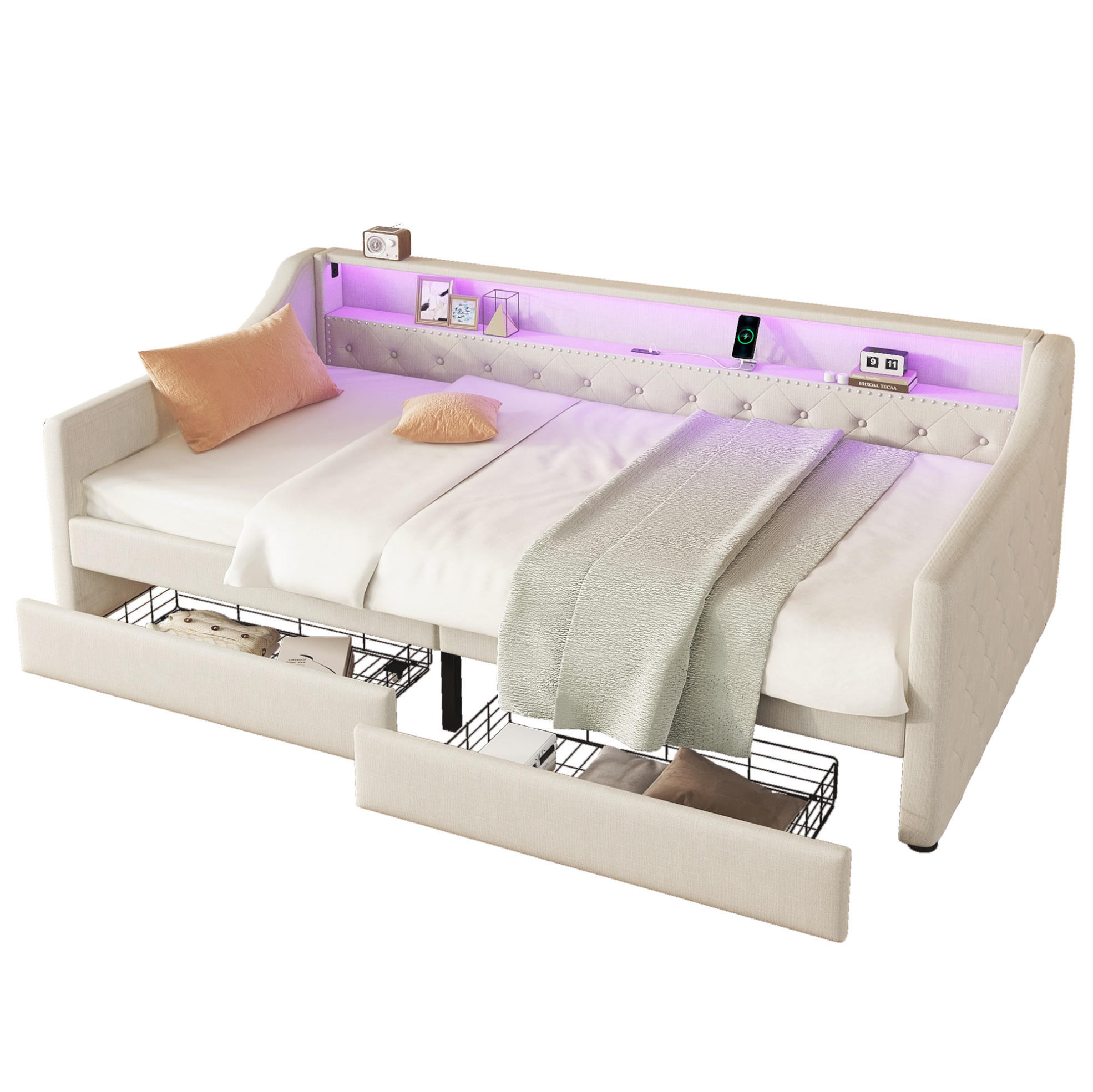 POLSTERBETT aus Leinen 90x200 cm in Beige mit LED-Beleuchtung & USB-Ladebuchse - Beige, Textil (90/200cm) - Modfu