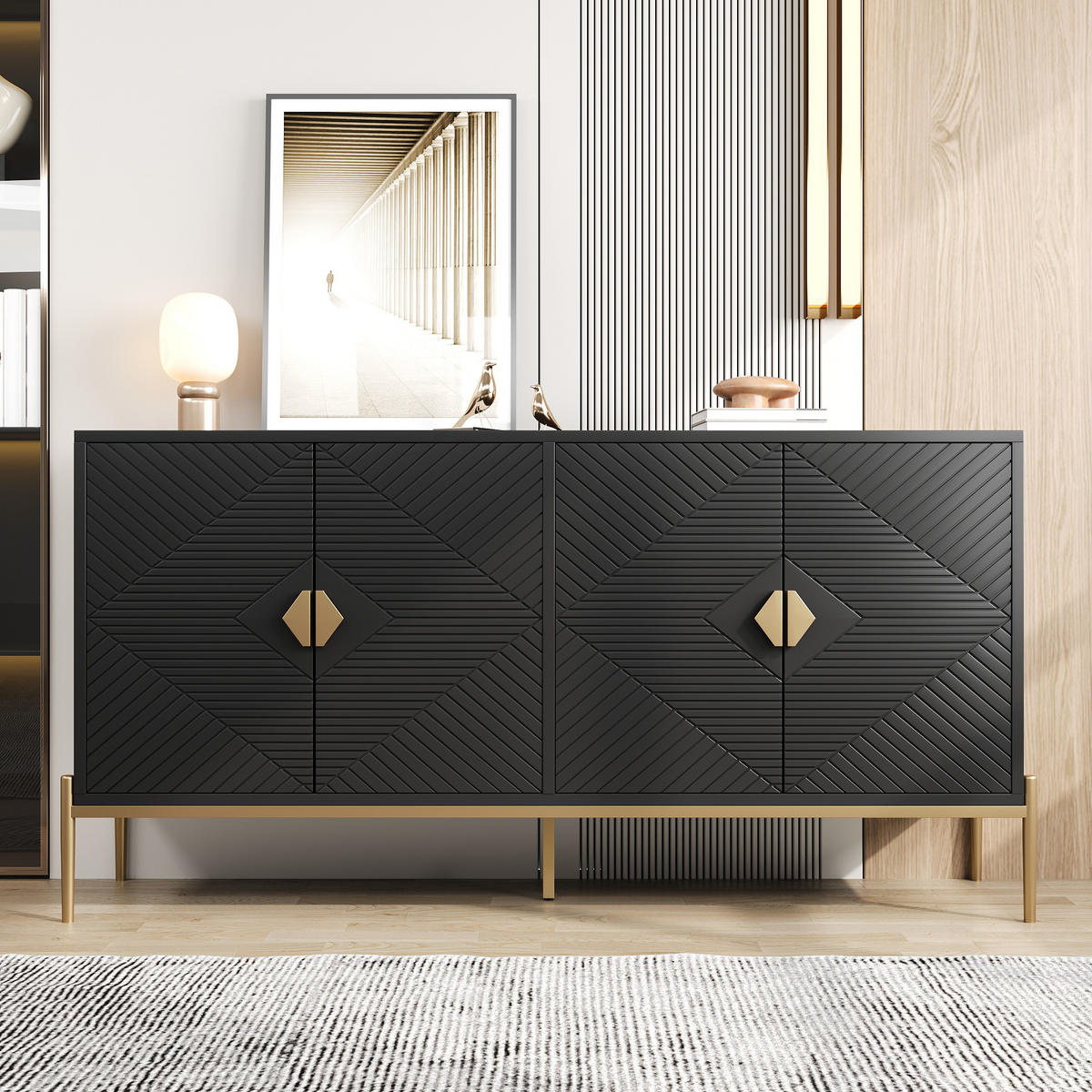 SIDEBOARD Schrank mit 4 Türen mit geometrischem Muster und Metallbeinen Schwarz Gold 162/40/80 cm - Goldfarben/Schwarz, Holzwerkstoff/Metall (162/80/40cm) - EVRYAE