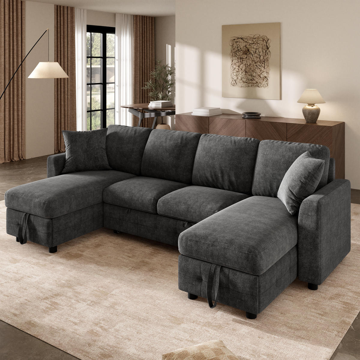 SOFA U Form Chenille Schlafsofa USB Type C Stauraum Grau - Dunkelgrau, Textil (260/82/128cm) - FLIEKS