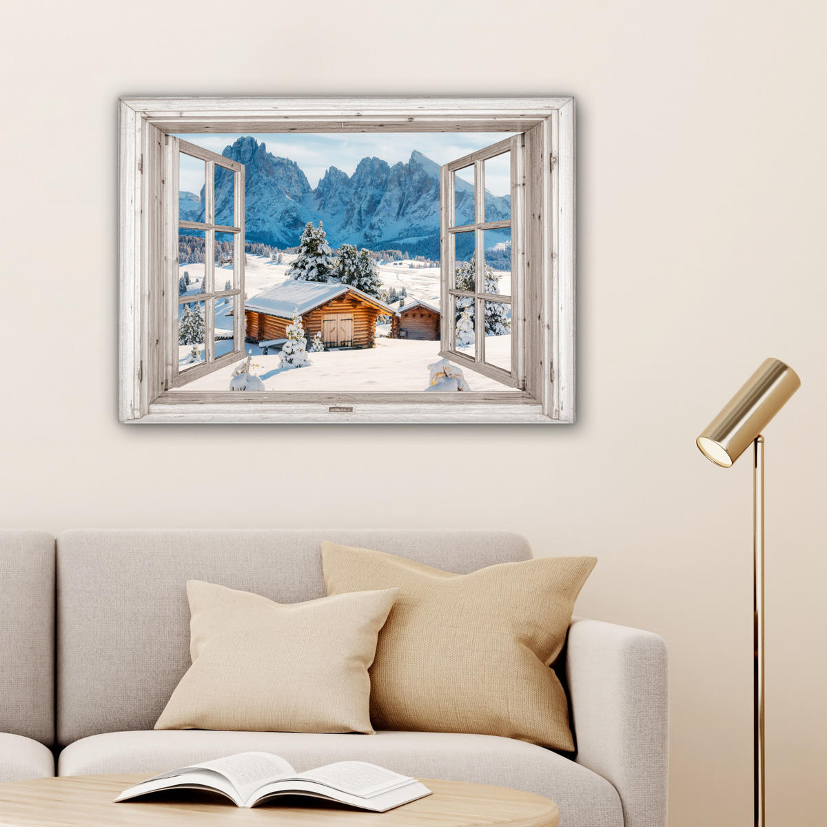 LEINWANDBILD Winterlandschaft - Hütte - Berge - Ausblicke - Aussicht - Natur Wandbilder 80x60 cm - Weiß Hochglanz, Textil (80/60cm) - MuchoWow