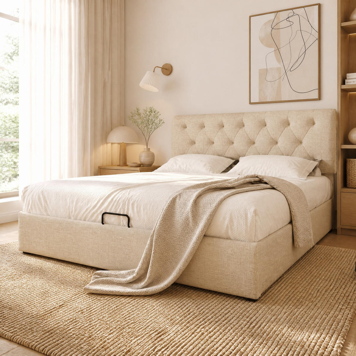 POLSTERBETT 140/200 cm in Natürlich Leinen mit Bettkasten, verstellbarem Kopfteil und Matratze - Naturfarben, Holzwerkstoff/Textil (140/200cm) - CHICFURN