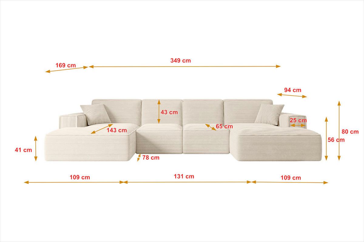 WOHNLANDSCHAFT SIERRA-U - 349x169x80 cm Beige Cord - Beige/Schwarz, Holzwerkstoff/Kunststoff (349/80/169cm) - ALTDECOR