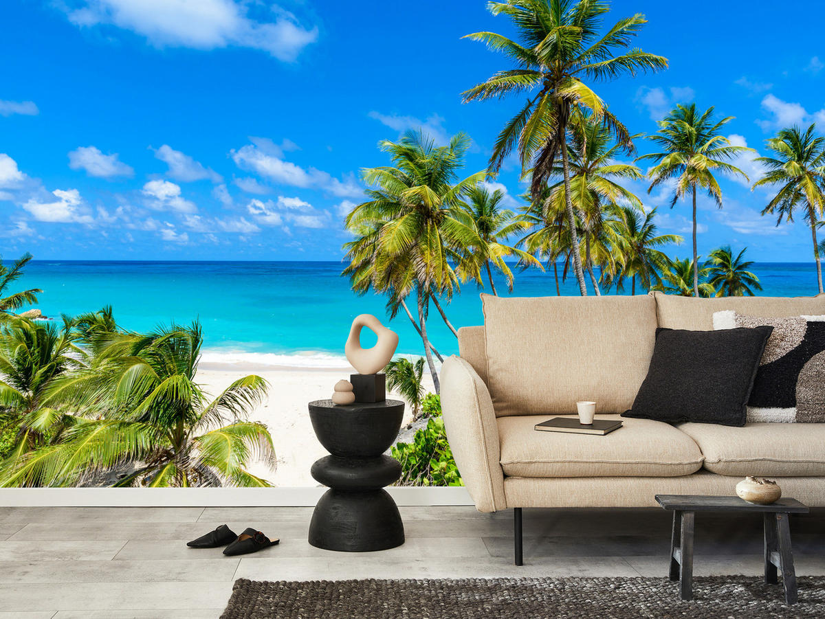 FOTOTAPETE Strand Palmen Ozean Landschaft 3D 250x175 - Blau/Beige, Papier (250/175cm) - Muralo