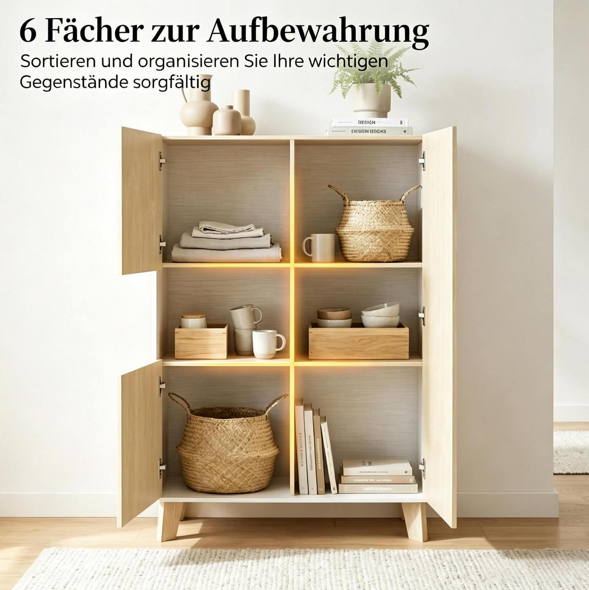 SIDEBOARD aus MDF und Spanplatte 80x40x135 cm Weiß/Eiche hell mit 5 Fächern - Weiß, Holzwerkstoff (80/135/40cm) - IVMEU