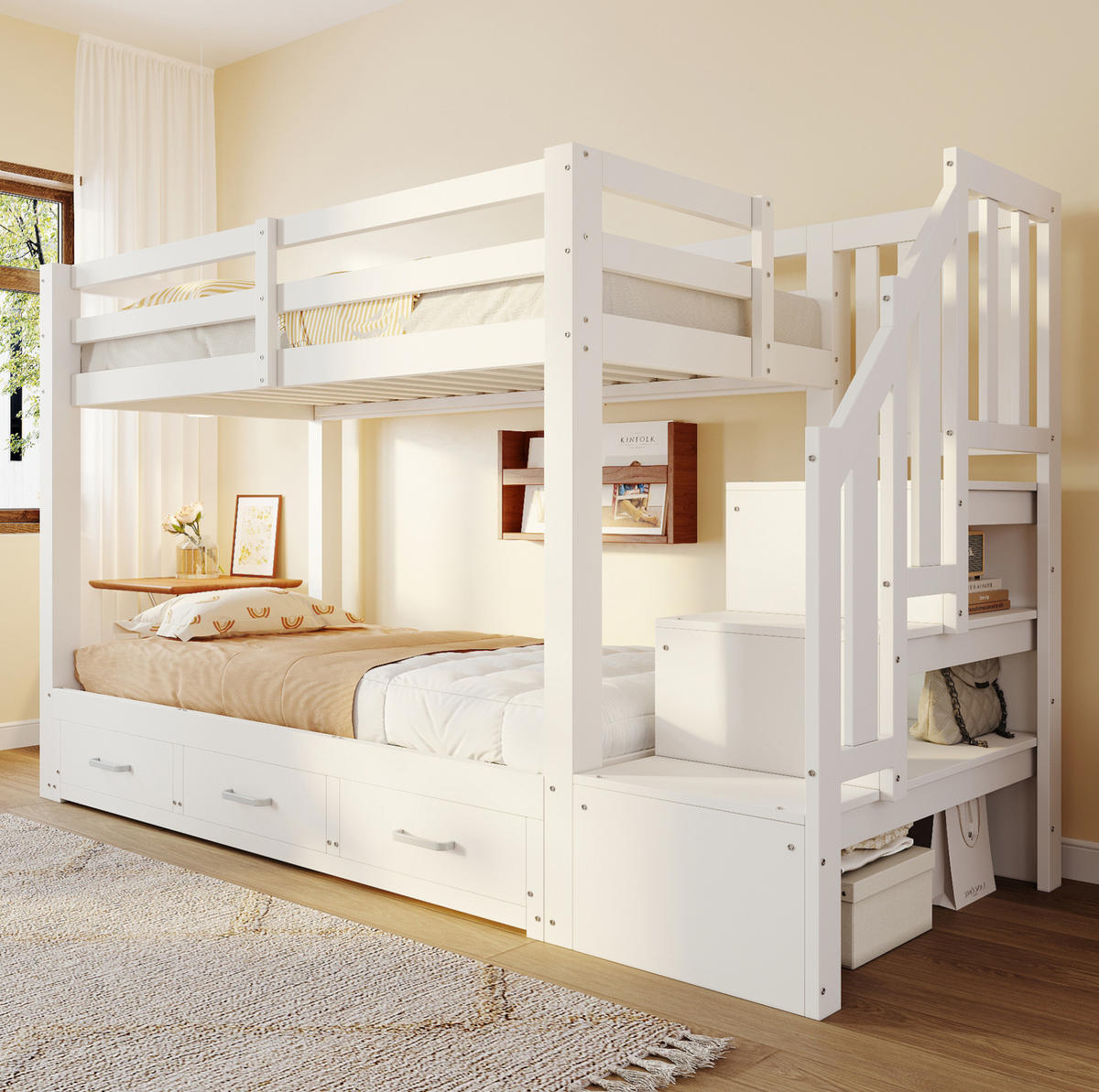 ETAGENBETT 90/200 cm aus Kiefernholz mit Ausziehbett und Stauraumleiter Weiß - Weiß, Holz (90/200cm) - Modenvie