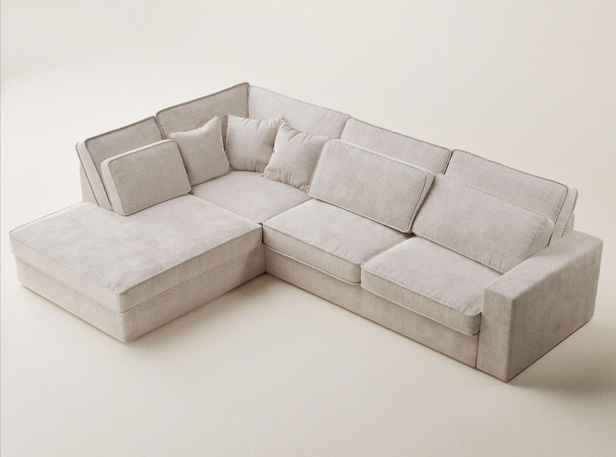 ECKSOFA Kirou Creme Chenille-Stoff - Links Seite - Creme/Schwarz, Holz/Holzwerkstoff (225/311cm) - Maison de Reve