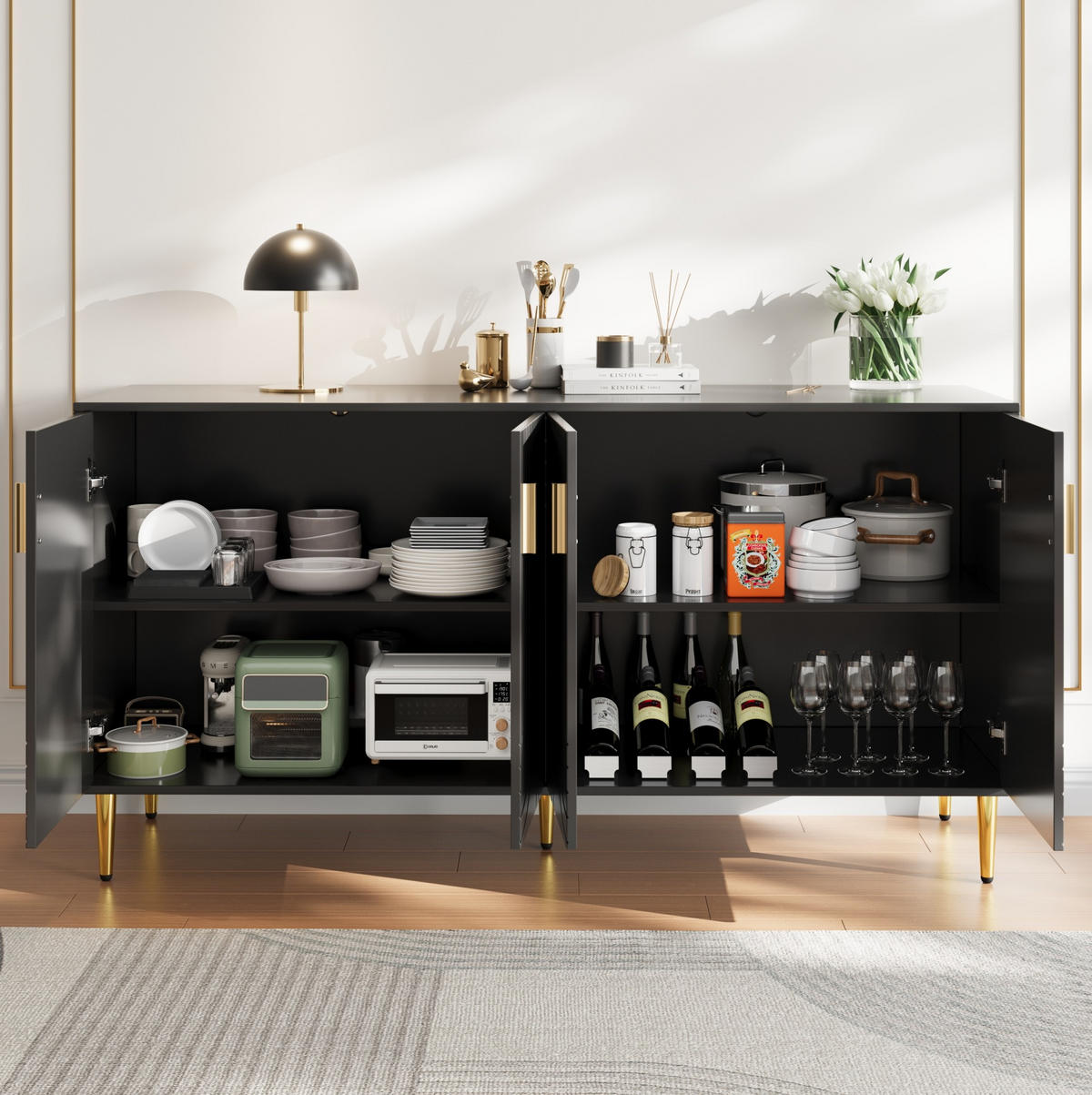 SIDEBOARD 152/40/75 cm in Schwarz mit 2 Türen & Wellendesign - Schwarz, Holzwerkstoff (152/75/40cm) - BEAOK