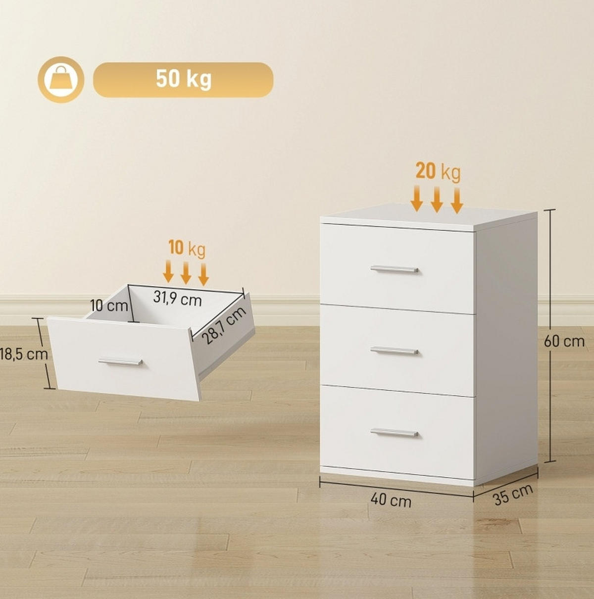 NACHTTISCH 40/60/35 cm Weiß aus Holz mit 3 Schubladen - Weiß, Holz (40/60/35cm) - OKMYHOME