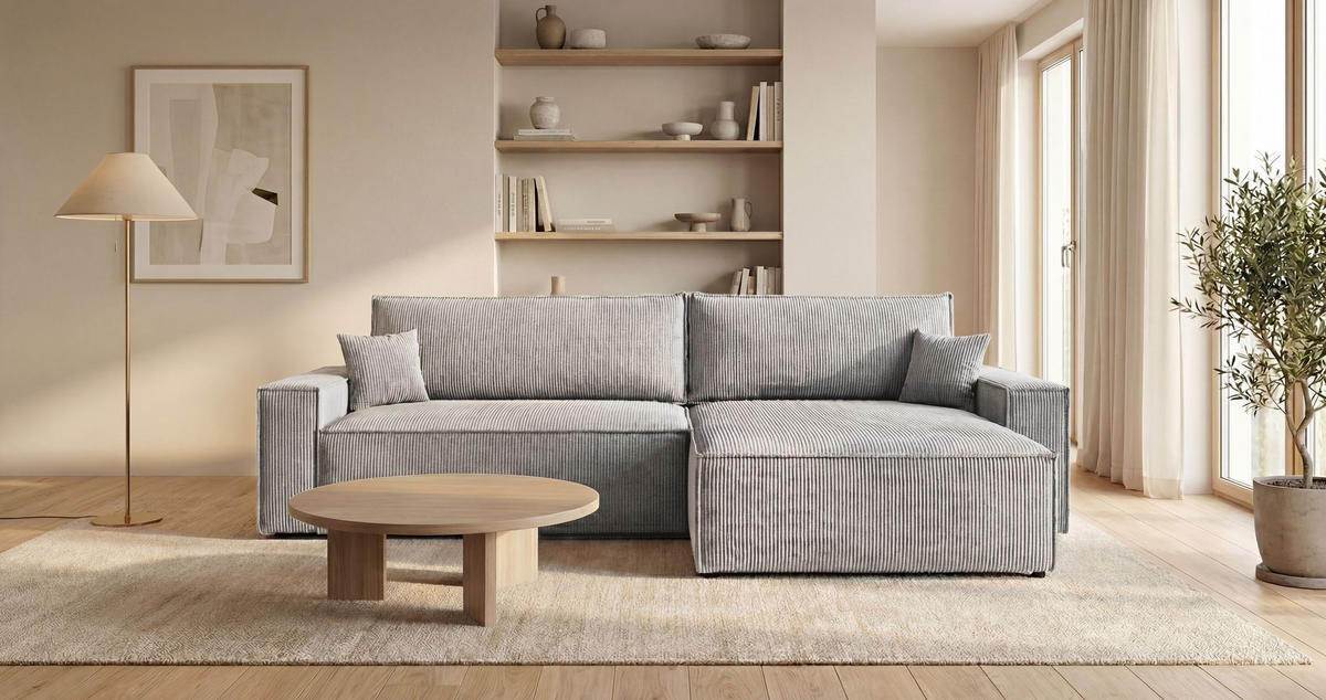 ECKSOFA VIENNA rechts grau Cord Poso 55 - Schlaffunktion, Bettkasten - Grau, Textil (285/184cm) - Cornero