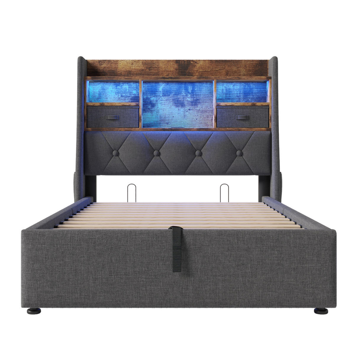 POLSTERBETT 90/200 cm mit LED, USB- und Type-C-Anschlüssen, hydraulischem Stauraum und Matratze, Grau - Grau, Textil (90/200cm) - Redom