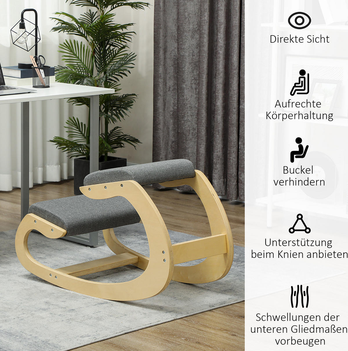 STUHL 54,5/85/54 cm, ergonomischer Kniestuhl, schaukelnd, Birkenholz, Grau - Grau, Holz (85/54/54.5cm) - Redom