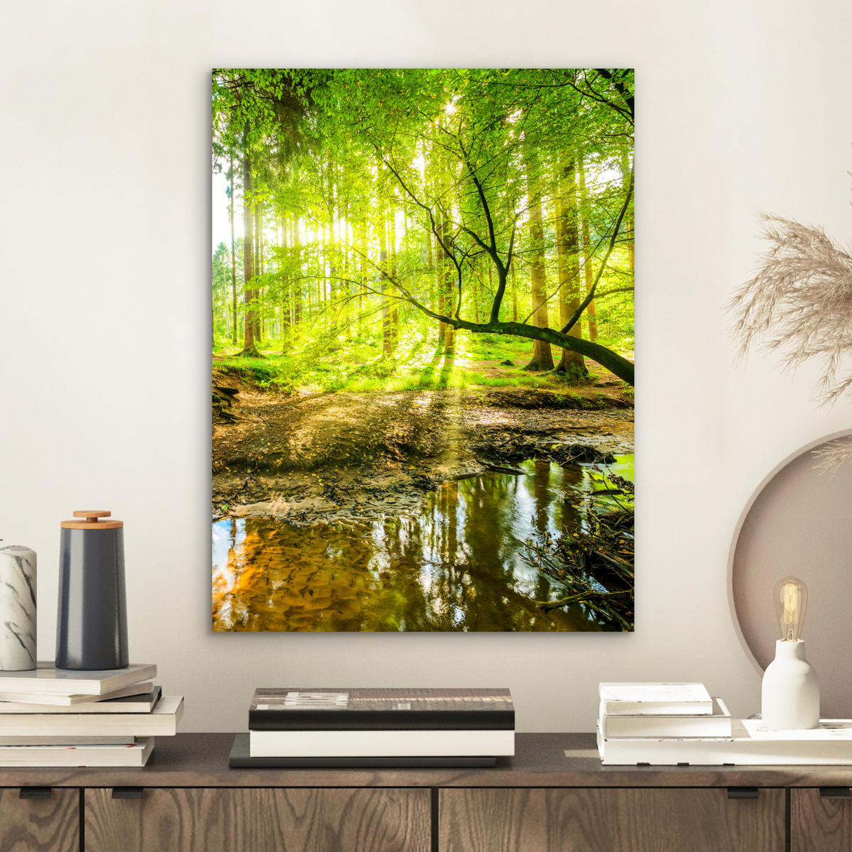METALLBILD Wald - Landschaft - Wasser - Bäume - Sonne - Grün - Natur 30x40 cm - Grün, Metall (30/40cm) - MuchoWow
