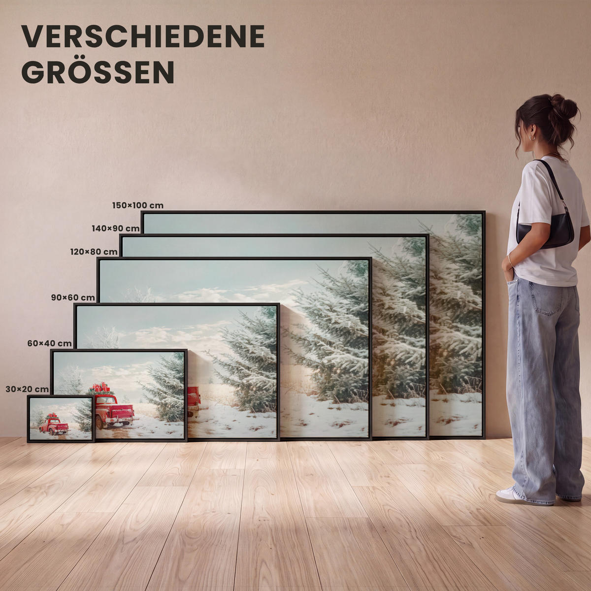 LEINWAND Bilder mit Rahmen - Auto - Rot - Geschenke - Winter - Schnee - Weihnachten - 60x40 - Rot, Textil (60/40cm) - MuchoWow