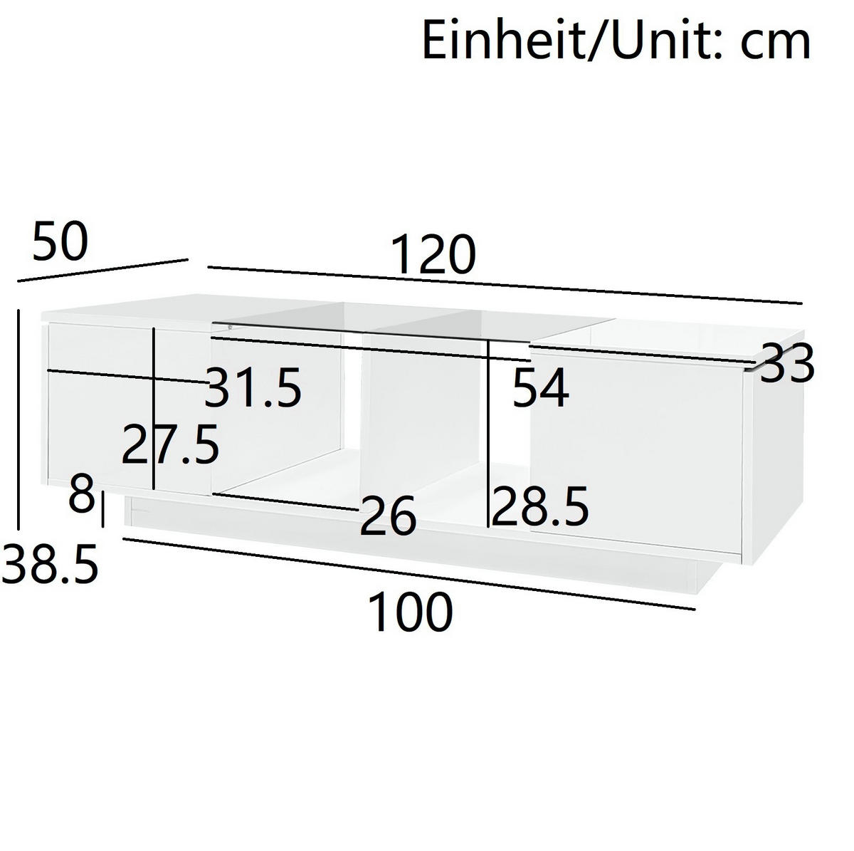 COUCHTISCH 120/50/38.5 cm weiß aus Glas und MDF mit LED-Beleuchtung - Weiß, Holzwerkstoff (120/50/38.5cm) - OKMYHOME