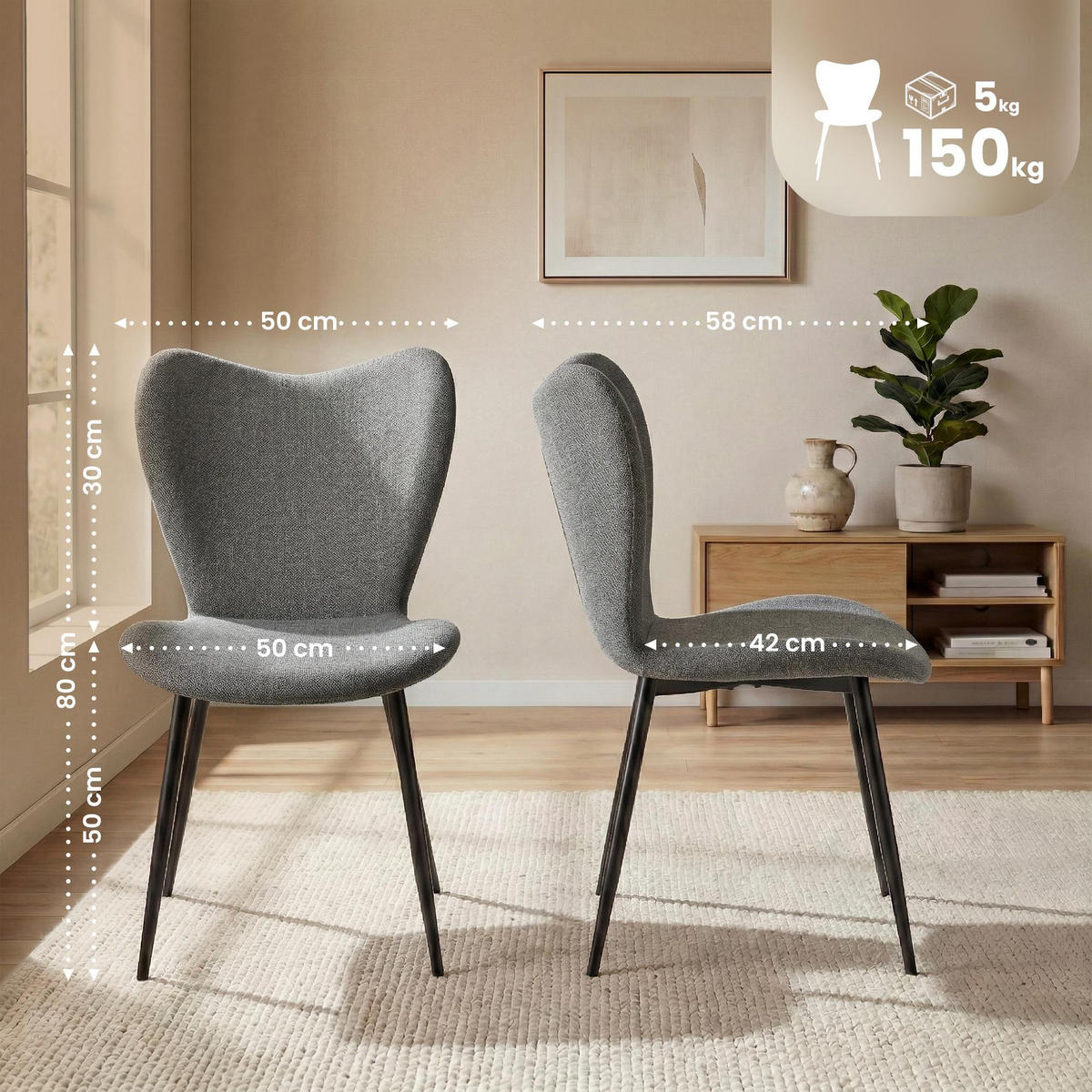 ESSZIMMERSTUHL Stoff Grau - Schwarz/Grau, Textil/Metall (50/80/58cm) - CLP