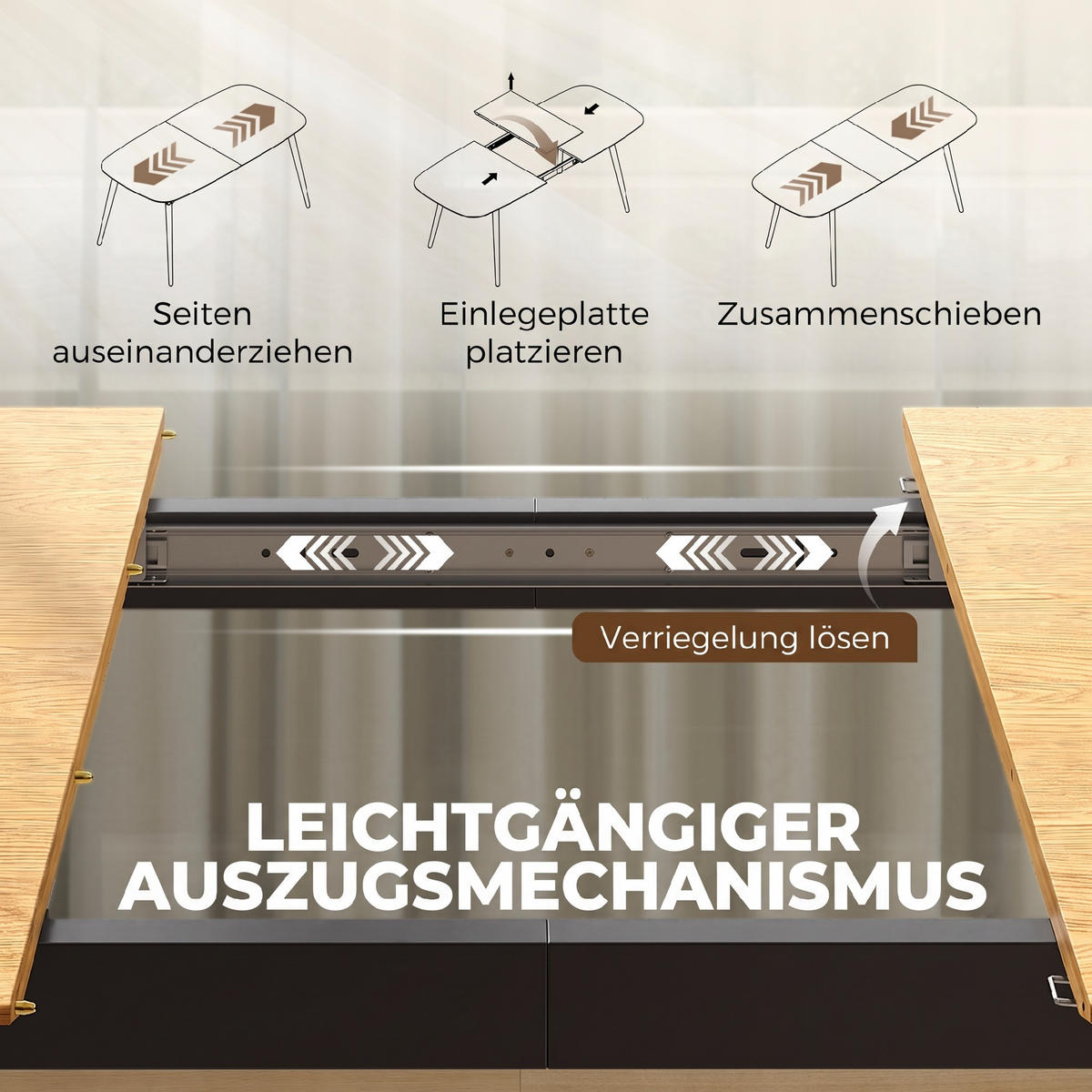 AUSZIEHBARER-ESSTISCH MDF Eiche - Eichefarben/Schwarz, Holzwerkstoff/Metall (200/80/76cm) - HOMCOM