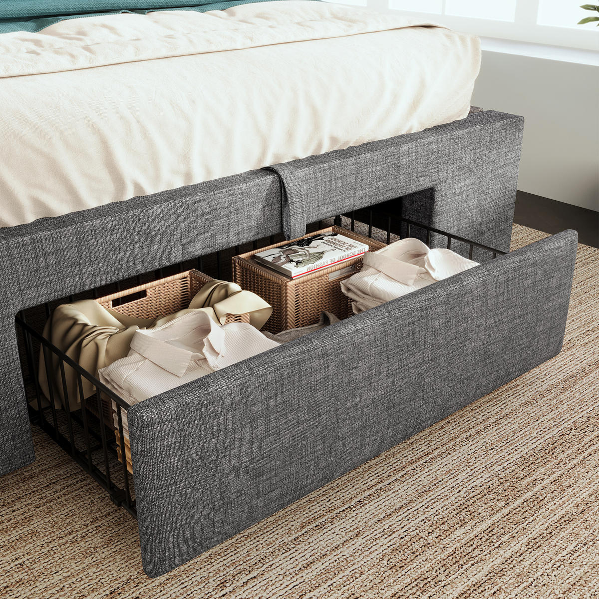 POLSTERBETT 90/200 cm Grau aus Leinen mit Stauraum und LED - Grau, Textil (90/200cm) - OKMYHOME