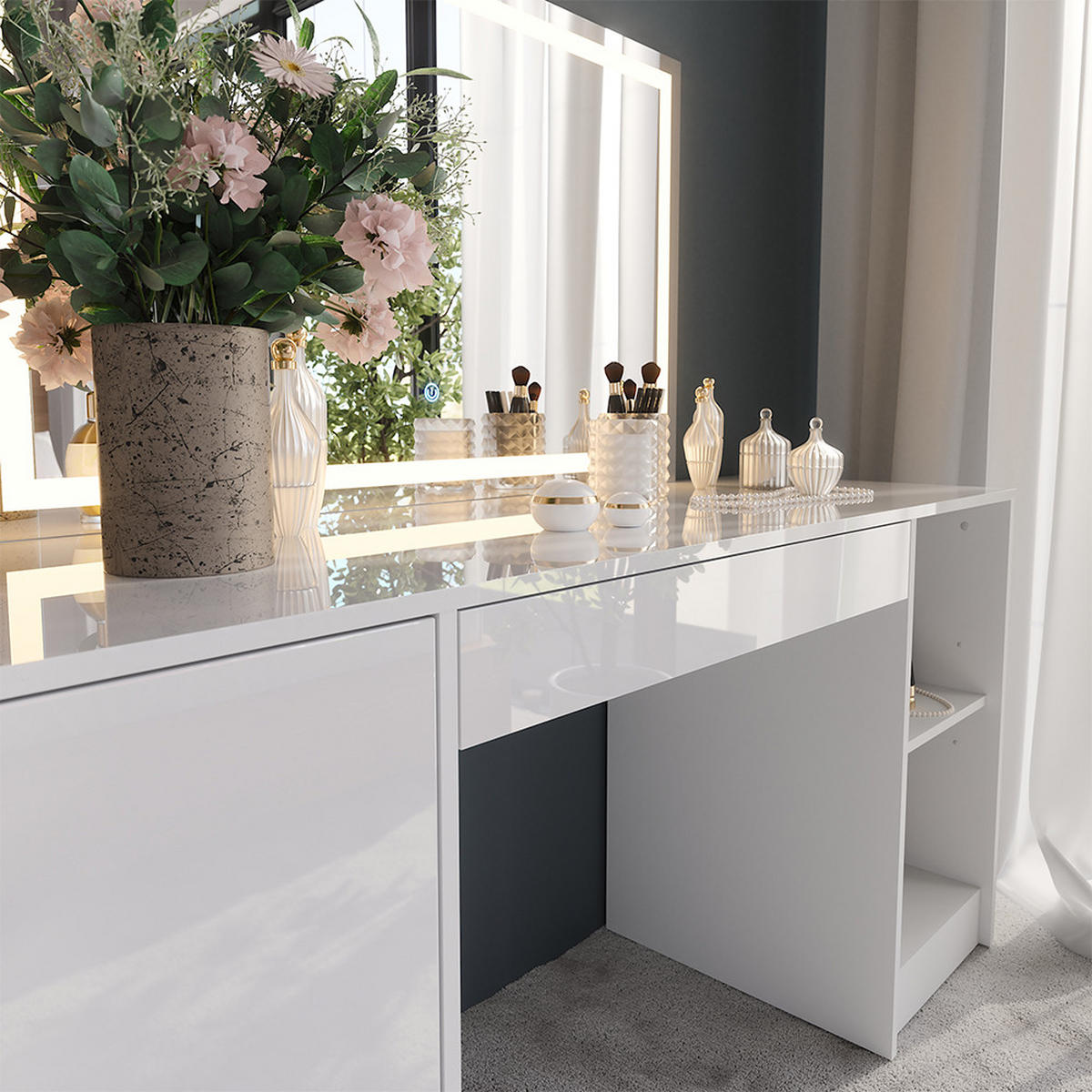 SCHMINKTISCH Sherry Weiß/Weiß Hochglanz 158.2 cm mit LED-Spiegel - Weiß Hochglanz, Holzwerkstoff (158.2/76/50.1cm) - Vicco